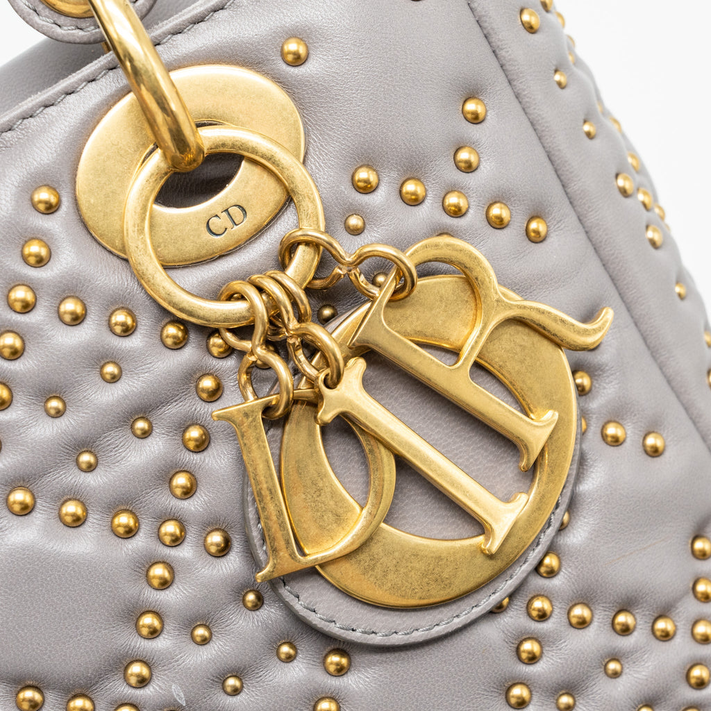 DIOR SMALL SUPPLE LADY DIOR STUDDED CALFSKIN GREY GHW