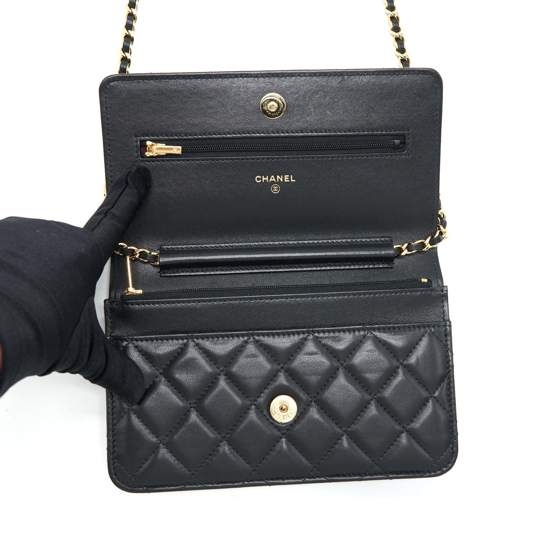CHANEL CLASSIC WALLET ON CHAINS LAMBSKIN BLACK GHW(MICROCHIP)