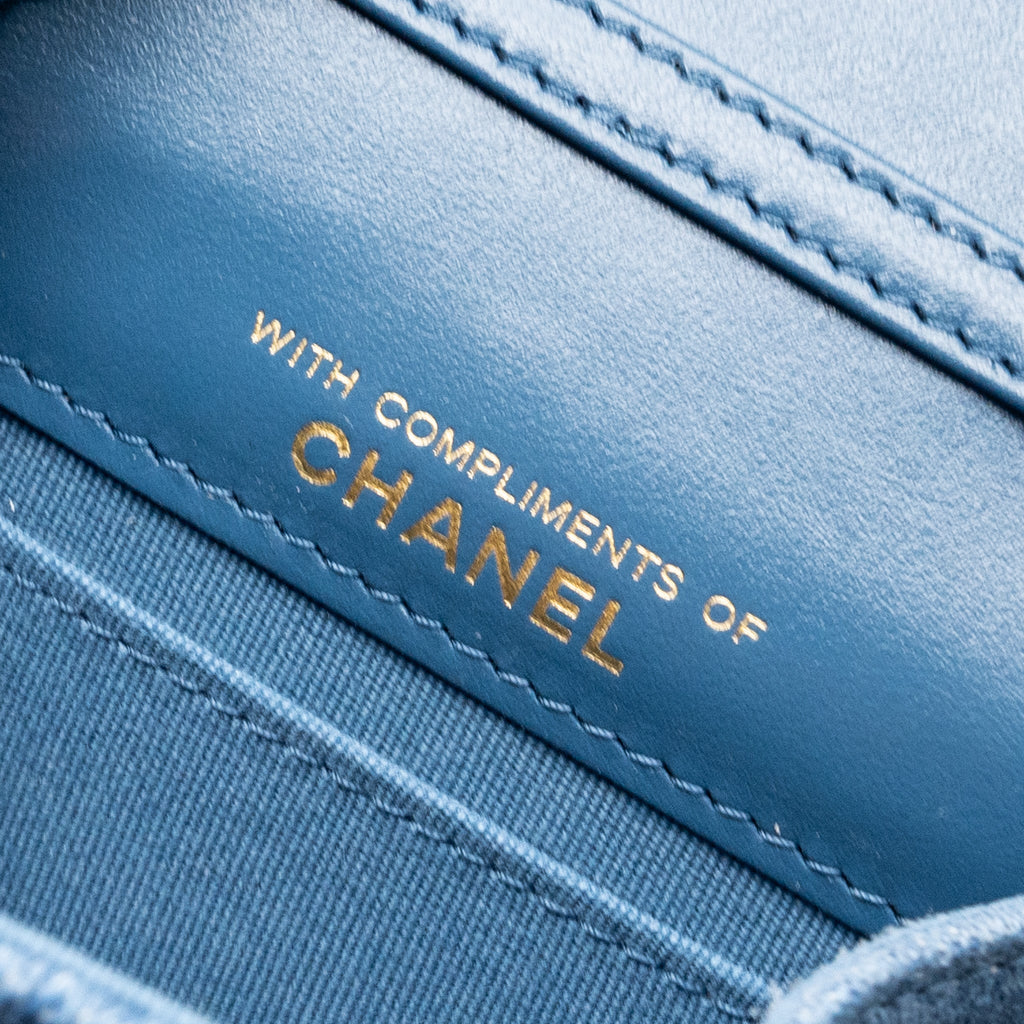 CHANEL MINI VERTICAL FLAP CLUTCH WITH CHAIN DENIM BLUE GHW (MICROCHIP)