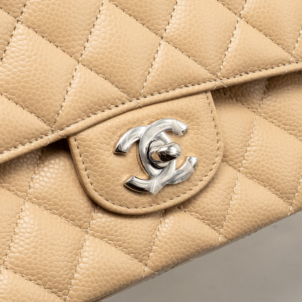 CHANEL MEDIUM CLASSIC DOUBLE FLAP BAG CAVIAR BEIGE SHW (MICROCHIP)