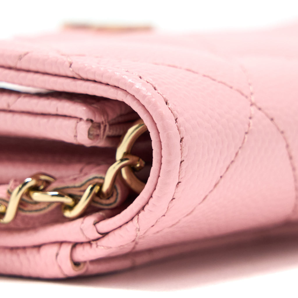 CHANEL 22C FLAP CARD HOLDER WITH CHAIN CAVIAR PINK LGHW