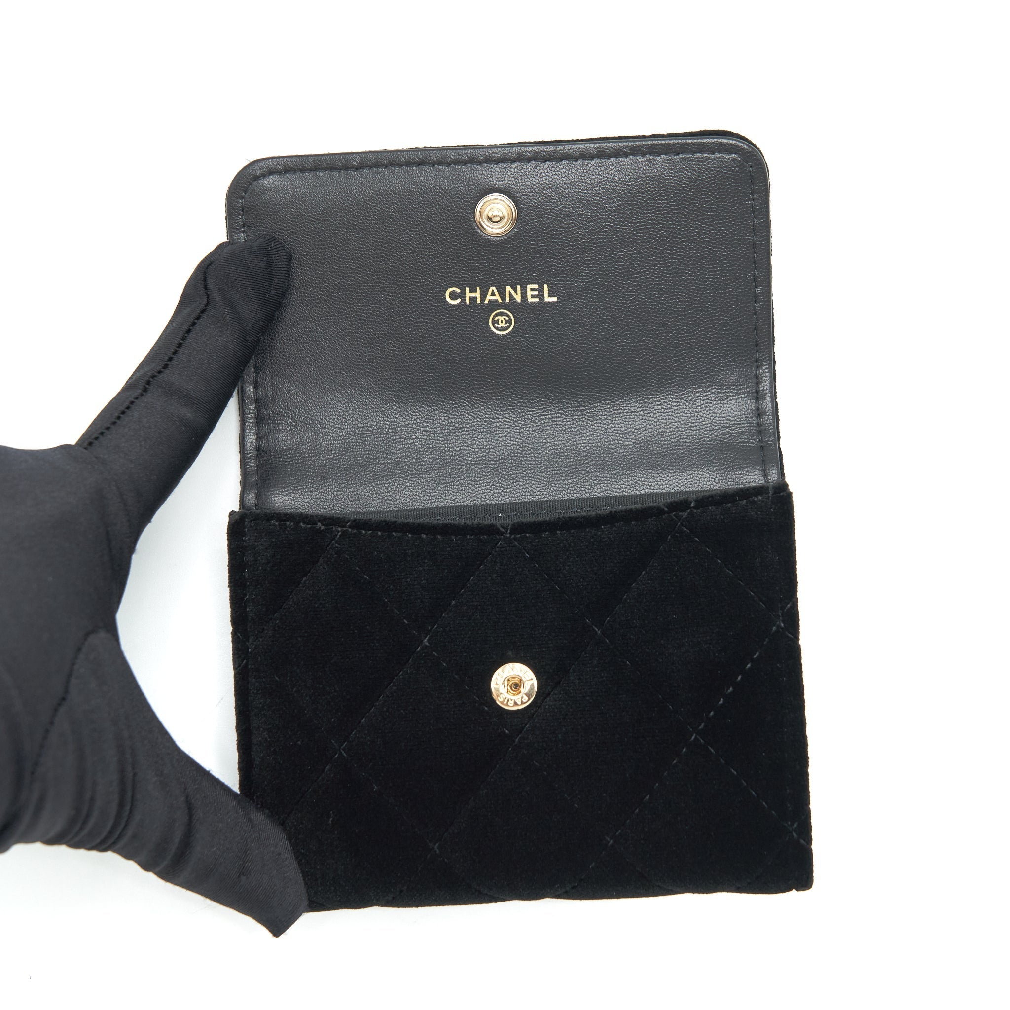 CHANEL SMALL FLAP WALLET VELVET BLACK LGHW