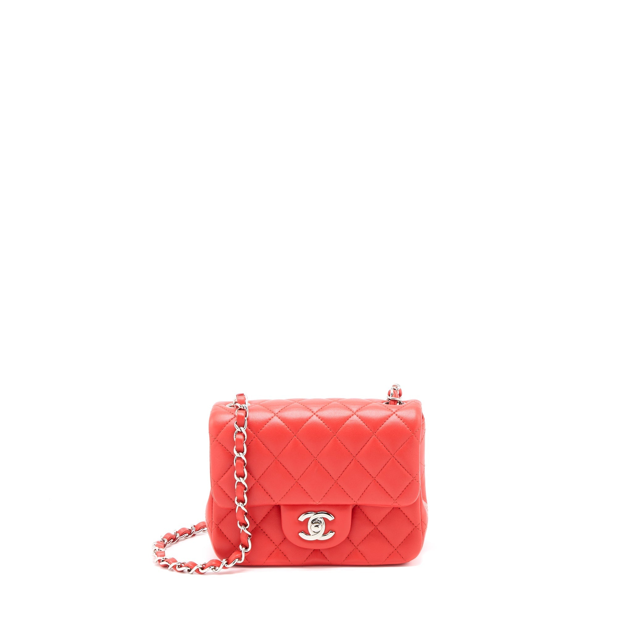 CHANEL MINI SQUARE FLAP BAG LAMBSKIN ORANGE RED SHW