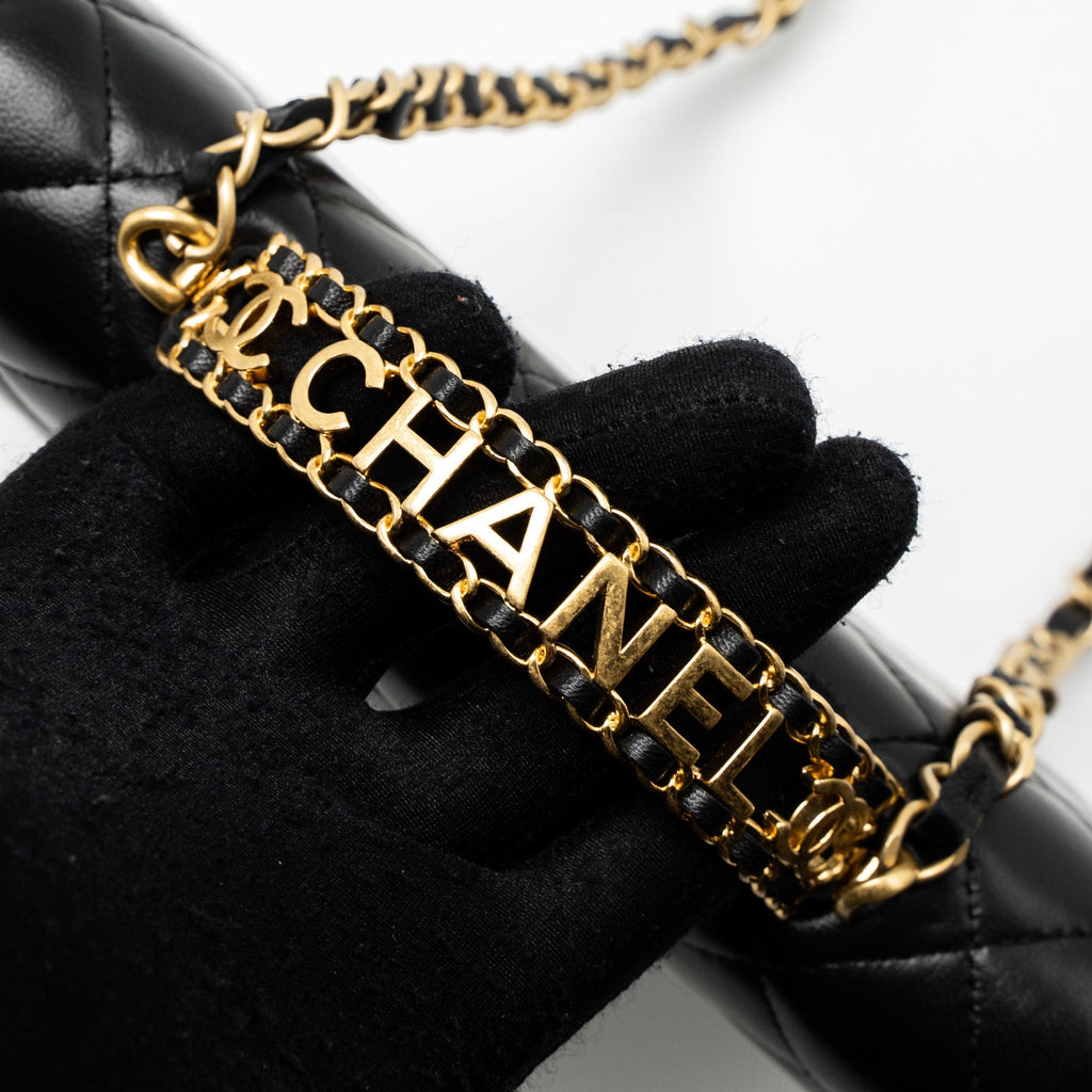 CHANEL DETAIL TOP HANDLE WALLET ON CHAIN LAMBSKIN BLACK BRUSHED GHW (MICROCHIP)