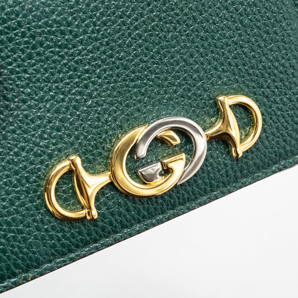GUCCI ZUMI MINI WALLET WITH CHAIN CALFSKIN DARK GREEN GHW