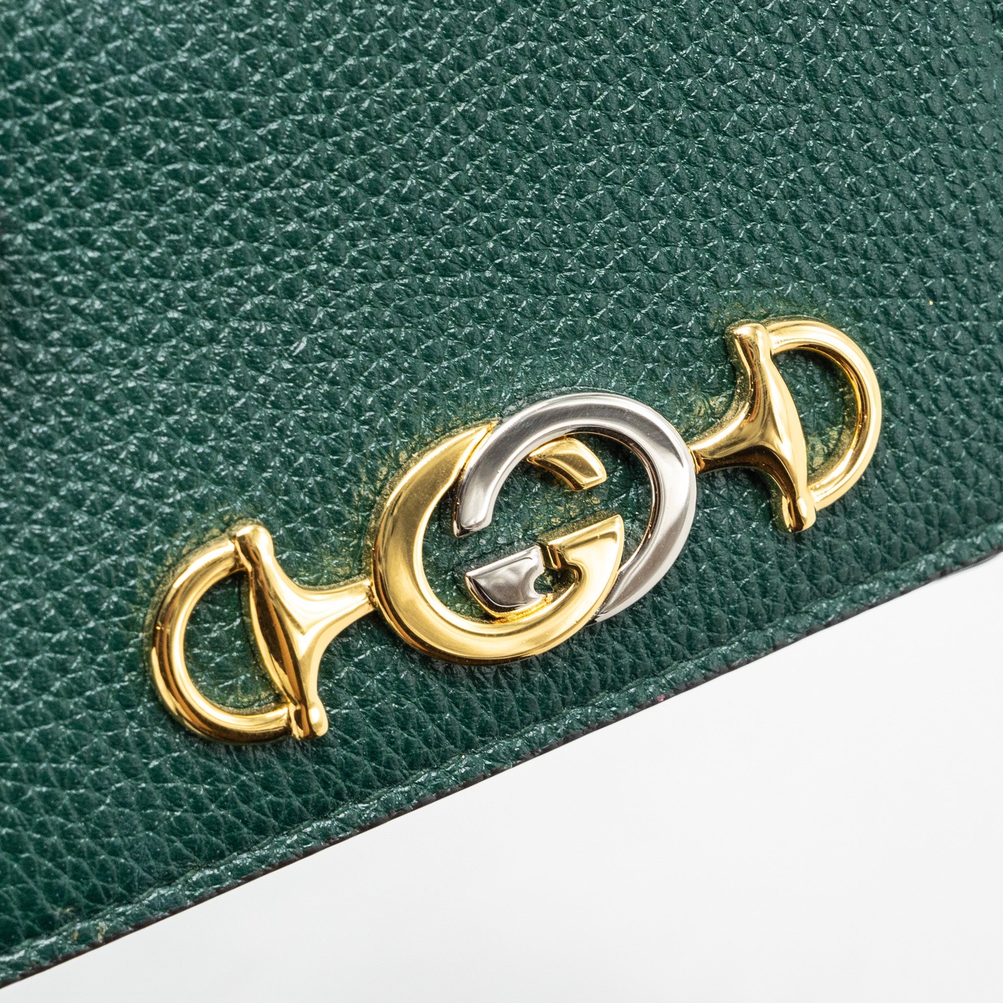 GUCCI ZUMI MINI WALLET WITH CHAIN CALFSKIN DARK GREEN GHW