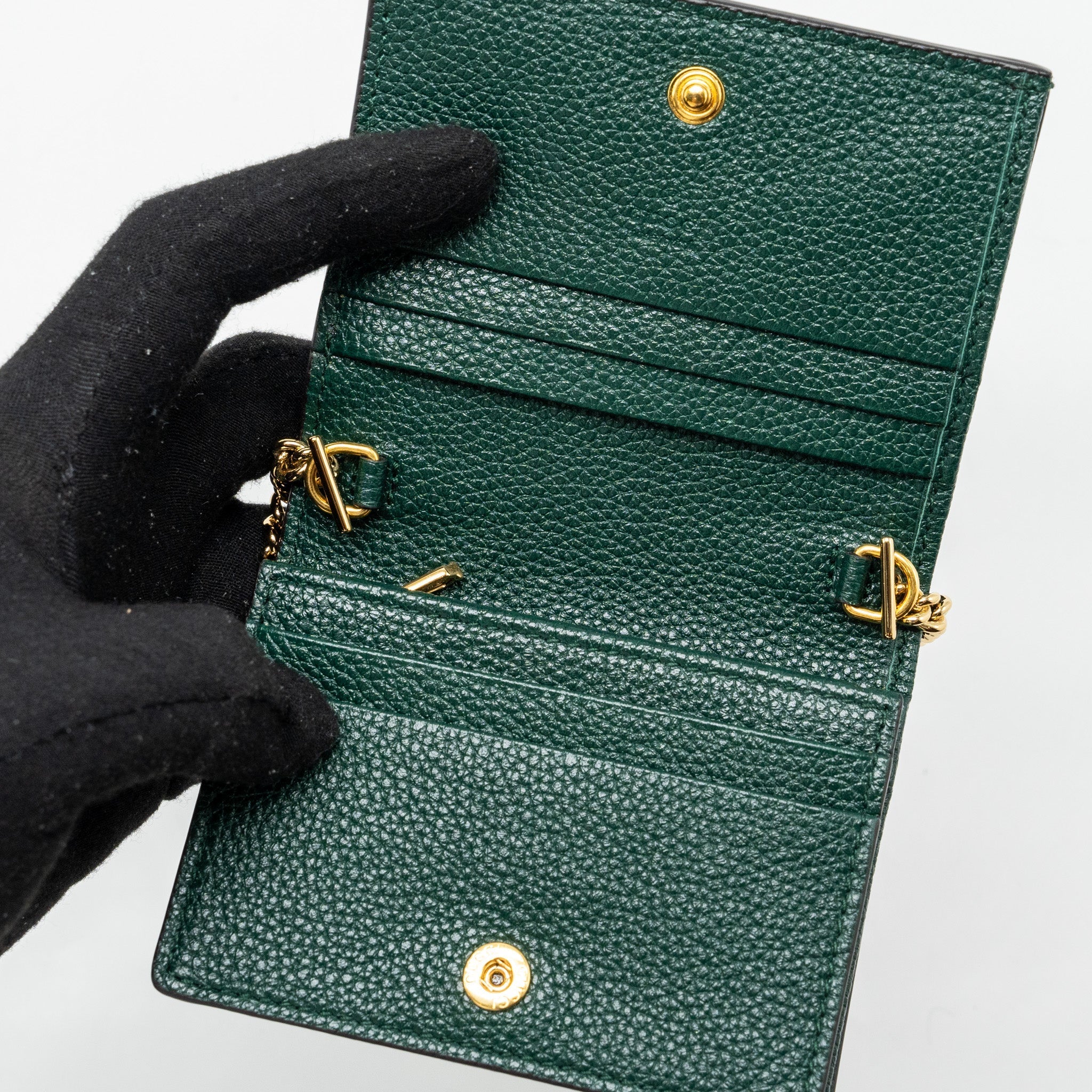 GUCCI ZUMI MINI WALLET WITH CHAIN CALFSKIN DARK GREEN GHW