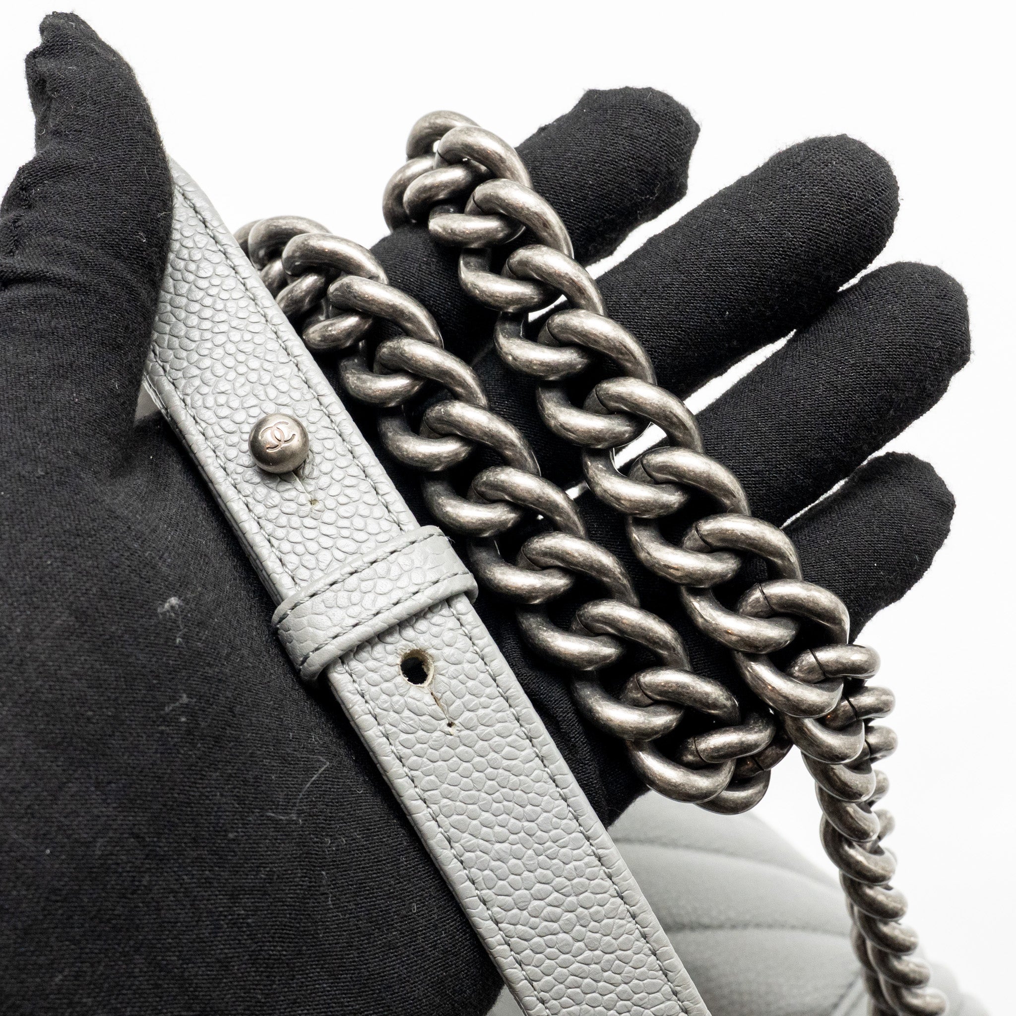 CHANEL MEDIUM BOY BAG CHEVRON CAVIAR GREY RUTHENIUM SILVER HARDWARE