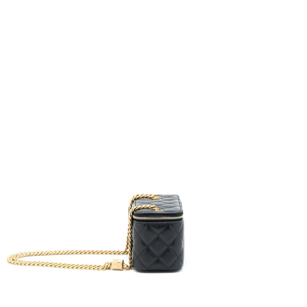 CHANEL 22K GOLD PILLAR ADJUSTABLE CHAIN LONG VANITY LAMBSKIN BLACK GHW (MICROCHIP)