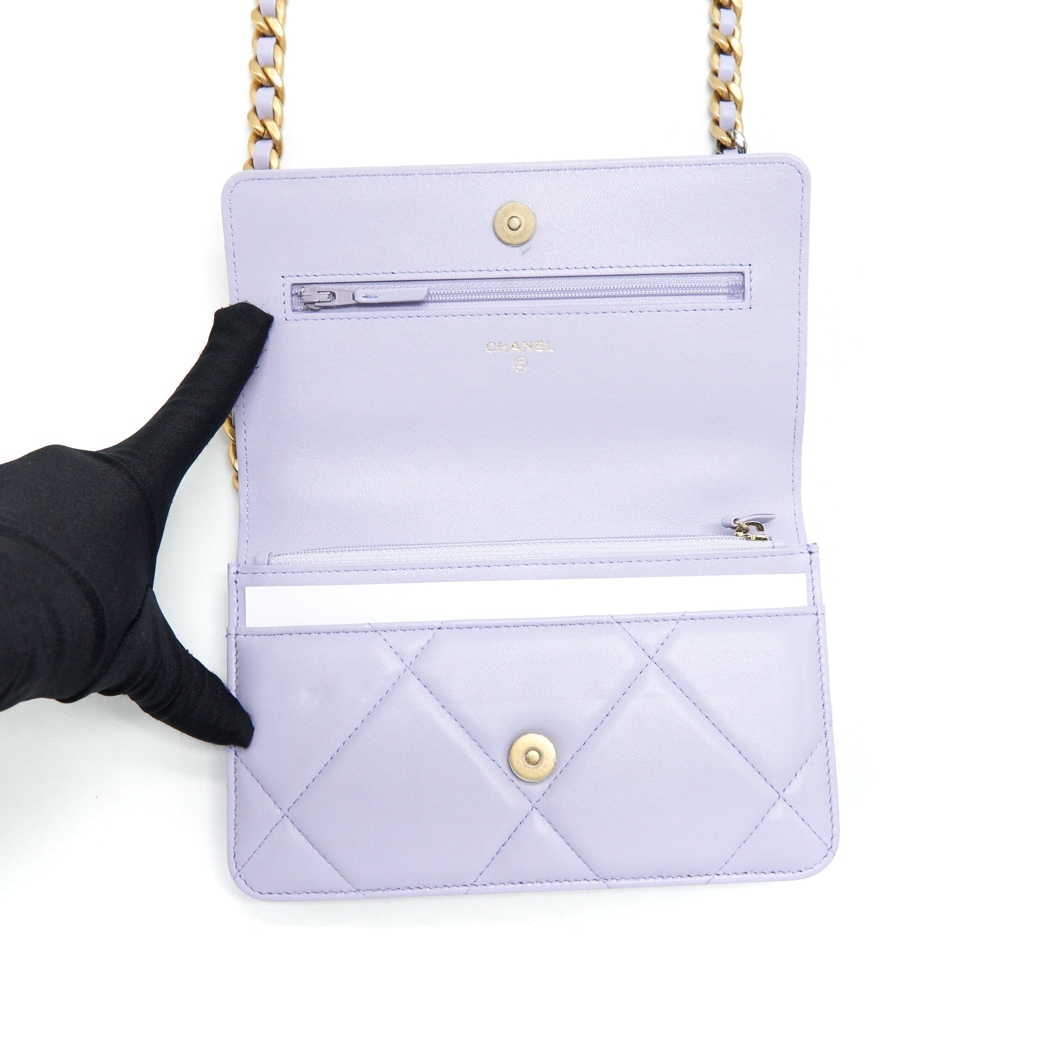 CHANEL 19 WALLET ON CHAIN LAMBSKIN LIGHT PURPLE GHW (MICROCHIP)