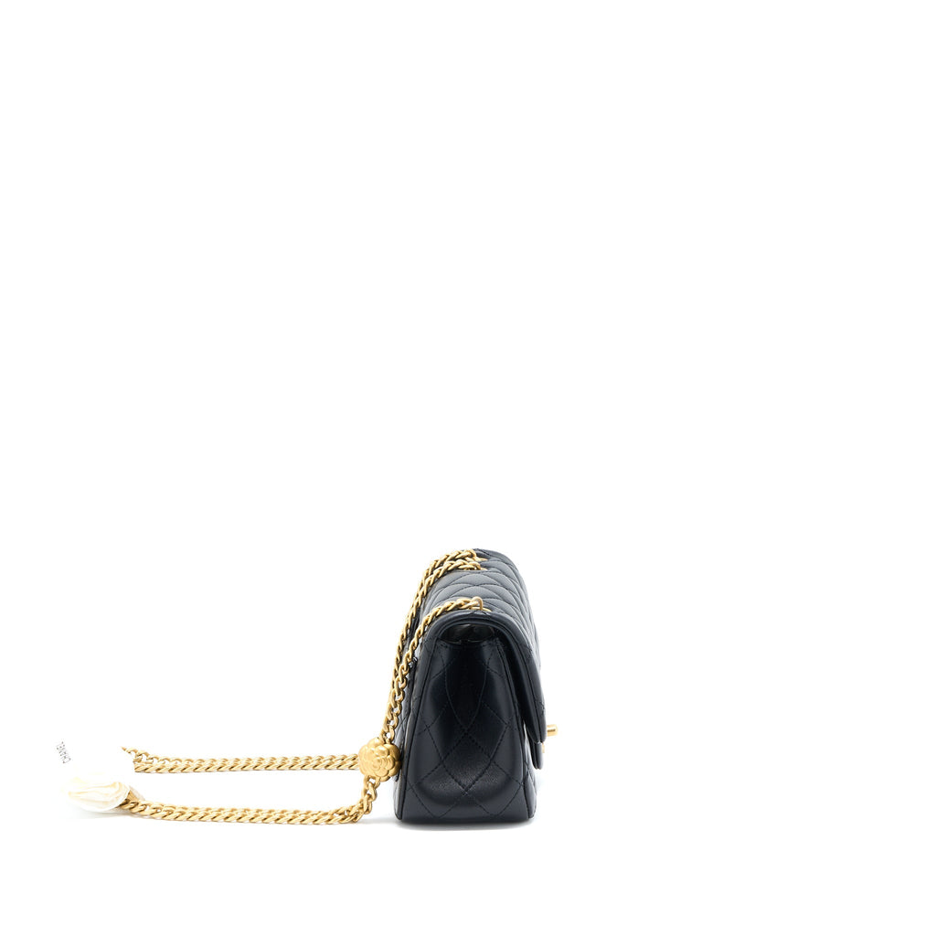 CHANEL 23S CAMELLIA CHAIN MINI SQUARE FLAP BAG LAMBSKIN BLACK BRUSHED GHW (MICROCHIP)
