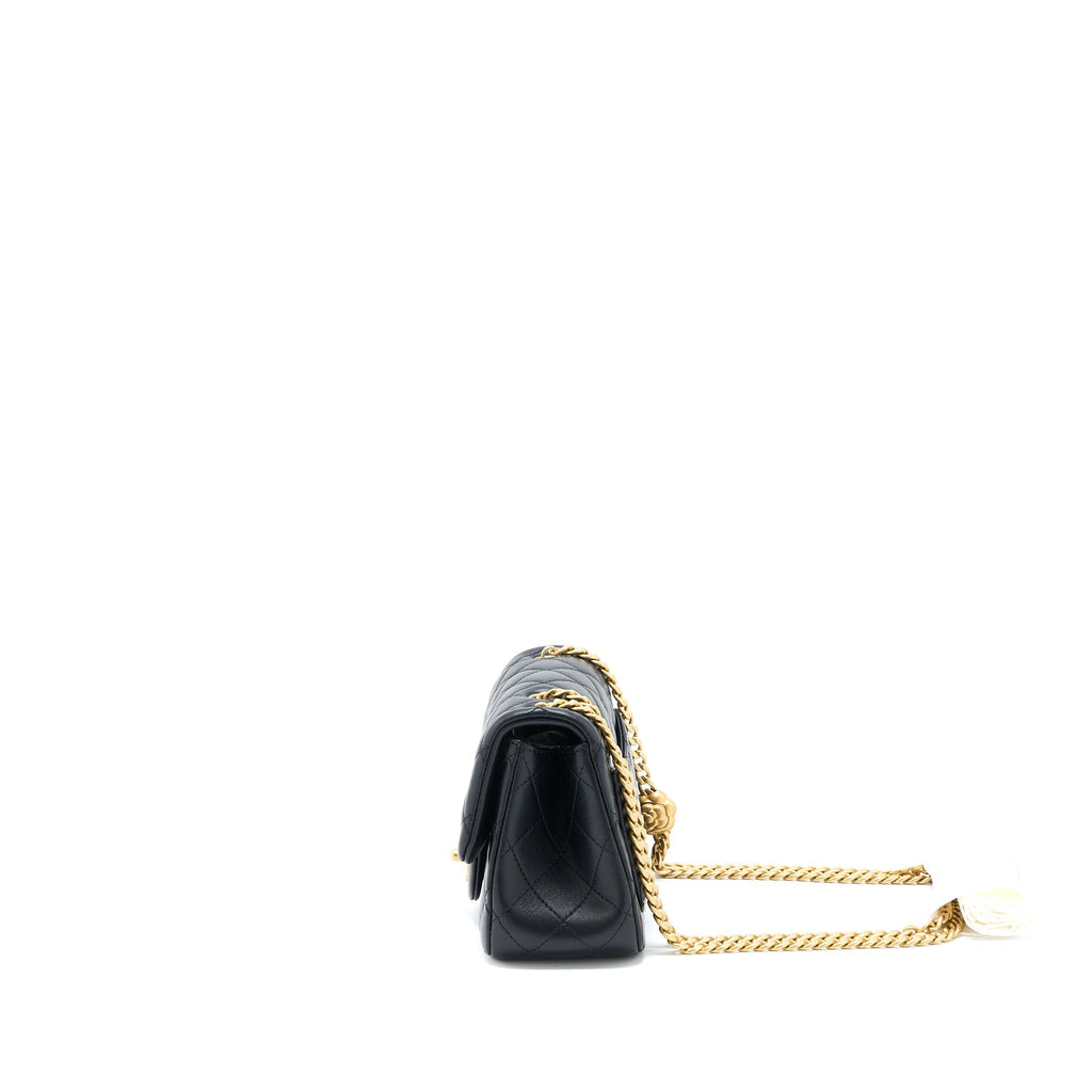 CHANEL 23S CAMELLIA CHAIN MINI SQUARE FLAP BAG LAMBSKIN BLACK BRUSHED GHW (MICROCHIP)