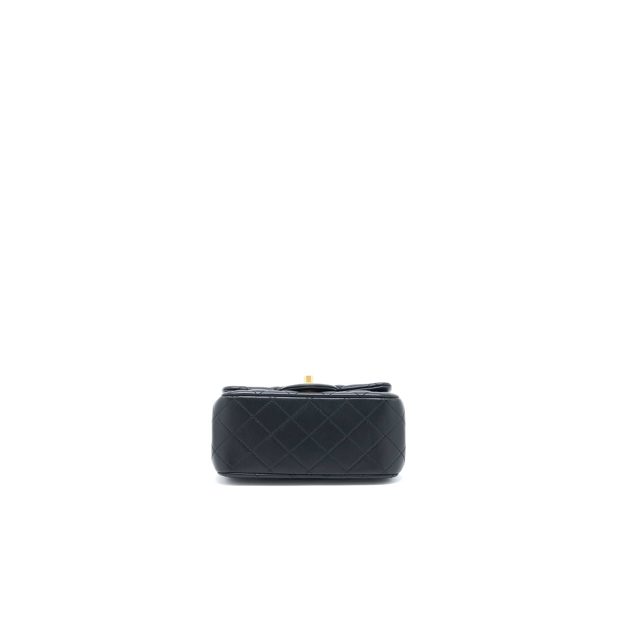 CHANEL 23S CAMELLIA CHAIN MINI SQUARE FLAP BAG LAMBSKIN BLACK BRUSHED GHW (MICROCHIP)
