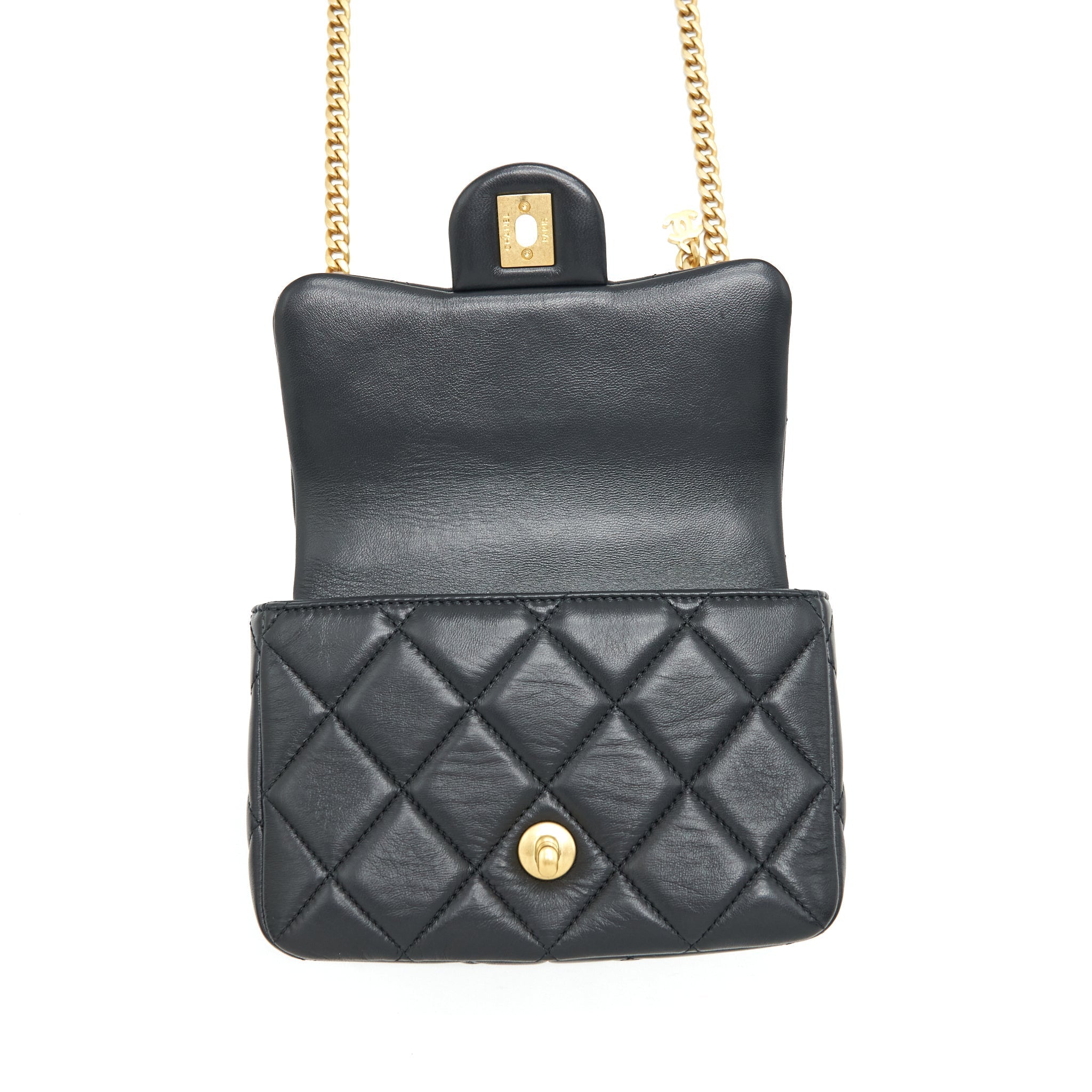 CHANEL 22P MINI SQUARE FLAP BAG LAMBSKIN BLACK GOLD/BLACK HARDWARE (MICROCHIP)