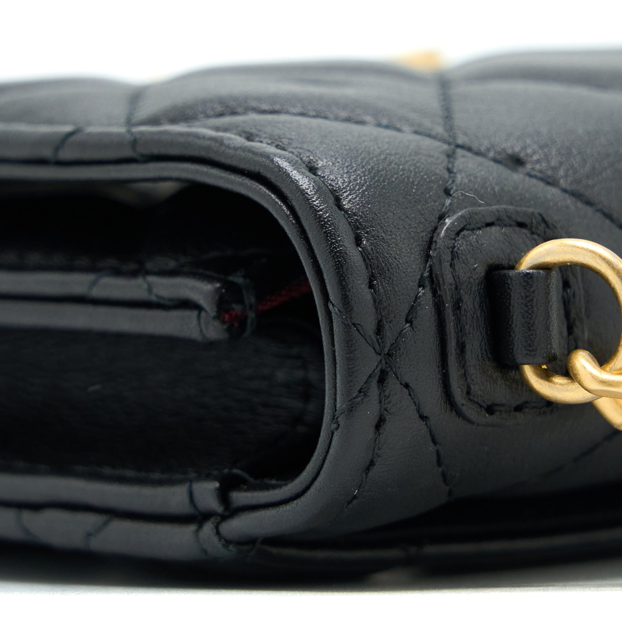 CHANEL VERTICAL FLAP PHONE POUCH WITH PEARL CHAIN LAMBSKIN BLACK BRUSHED GHW