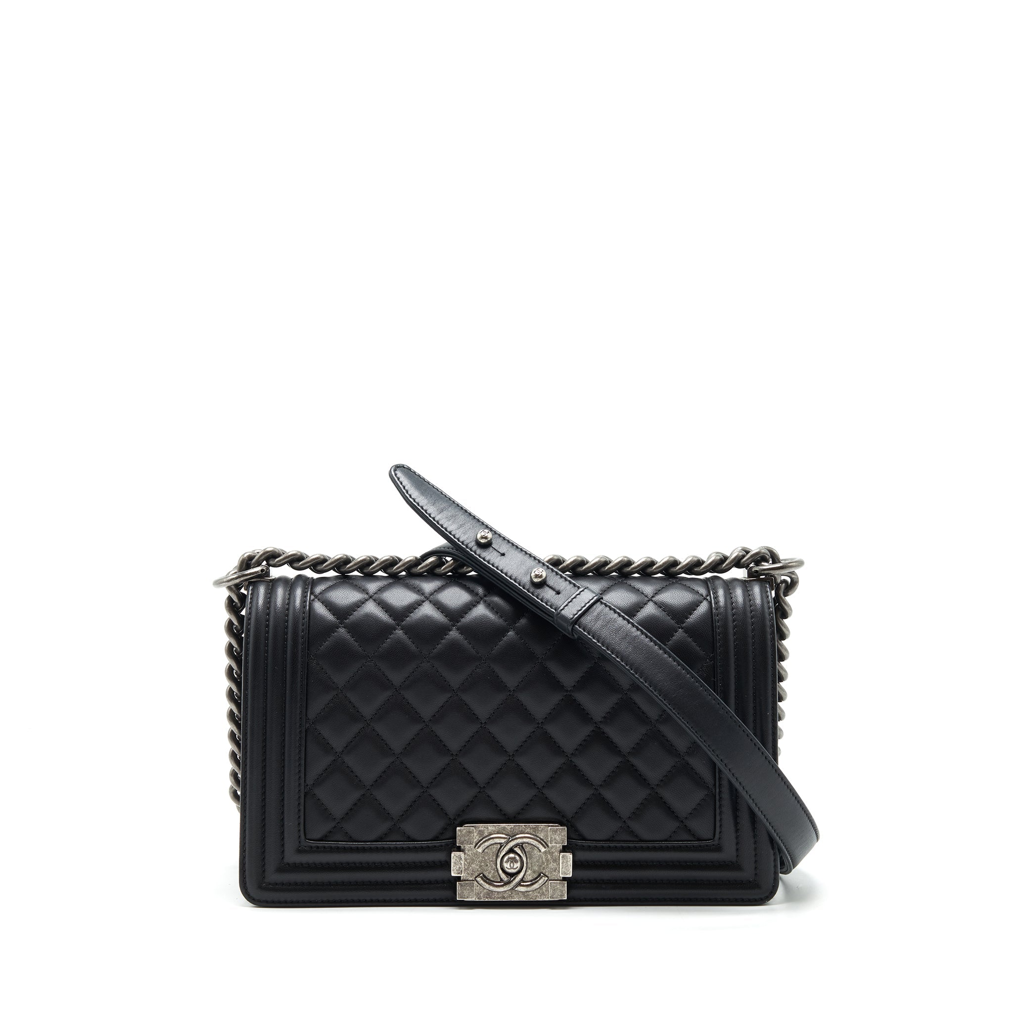 CHANEL MEDIUM BOY BLACK LAMBSKIN RUTHENIUM SHW