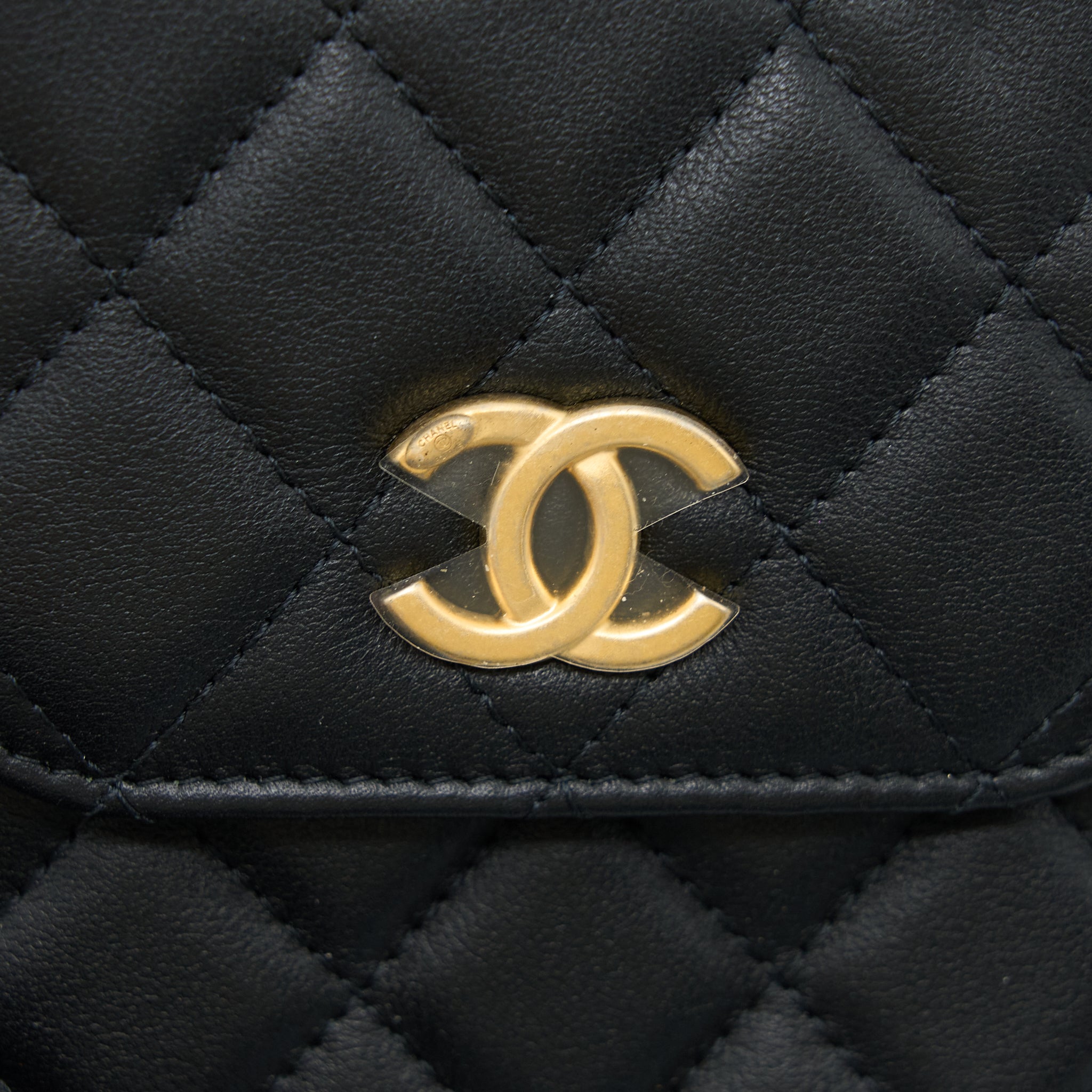 CHANEL VERTICAL FLAP PHONE POUCH WITH PEARL CHAIN LAMBSKIN BLACK BRUSHED GHW