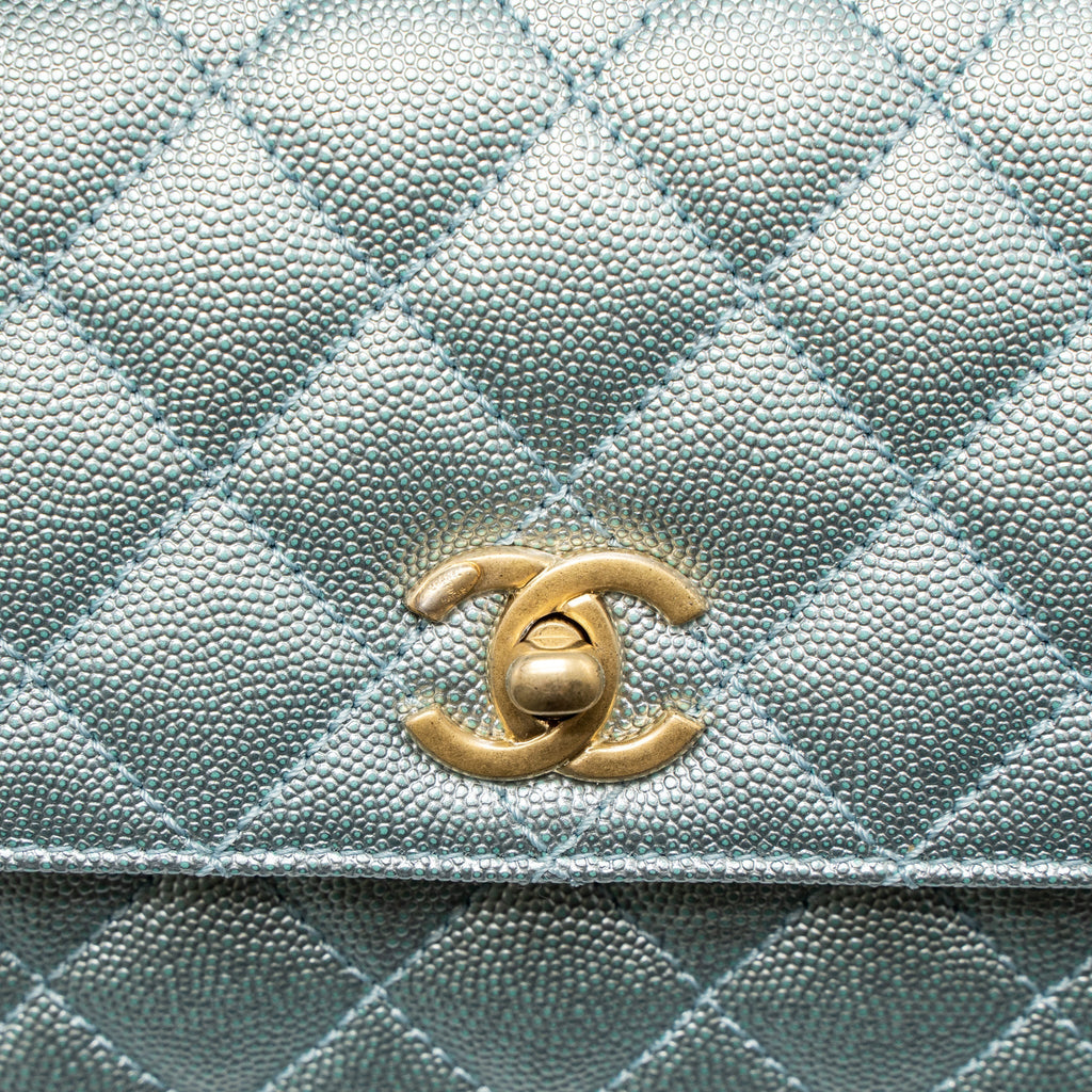 CHANEL SMALL COCO HANDLE CAVIAR METALLIC LIGHT BLUE BRUSHED GHW (MICROCHIP)