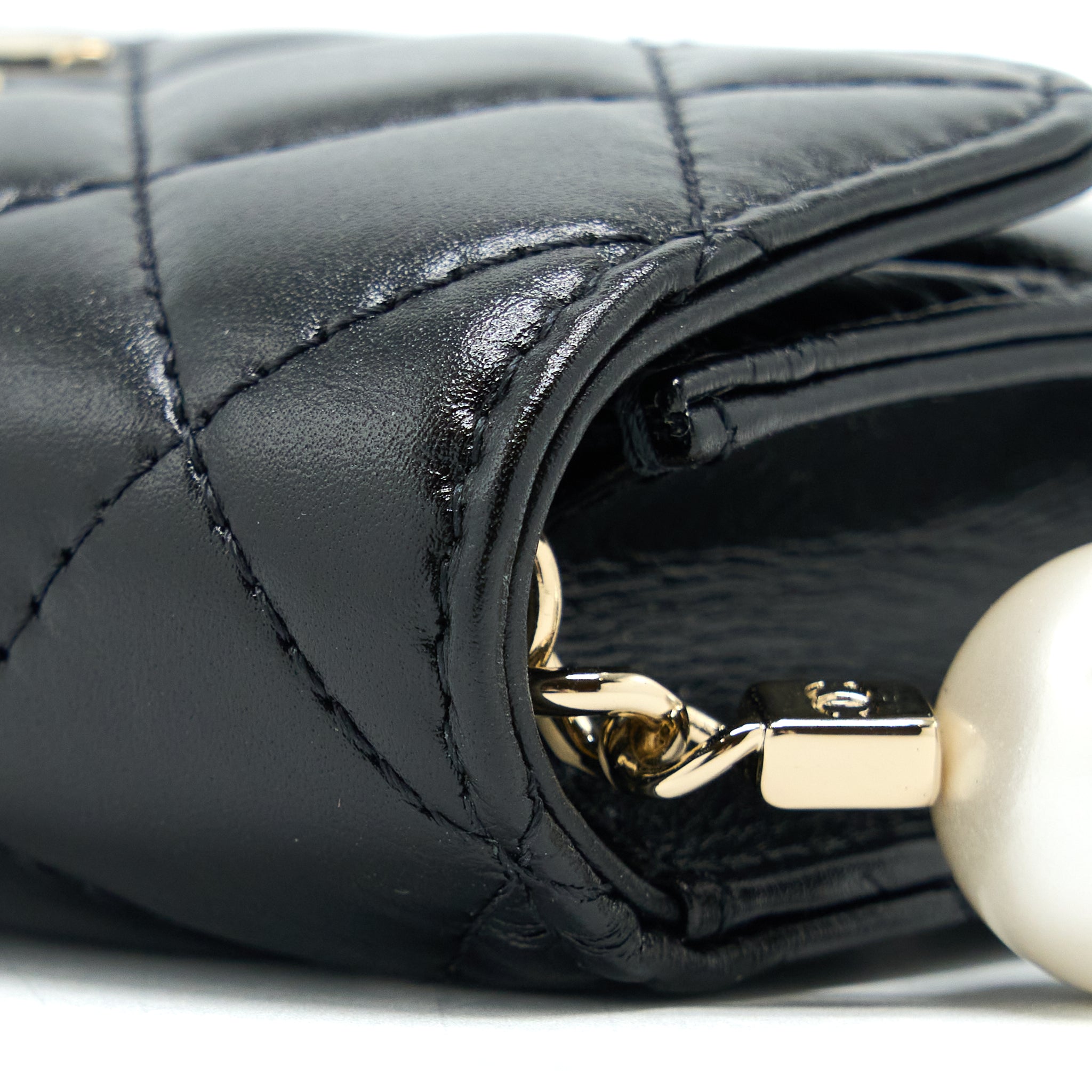 CHANEL MINI FLAP BAG WITH GIANT PEARL CHAIN LAMBSKIN BLACK LGHW