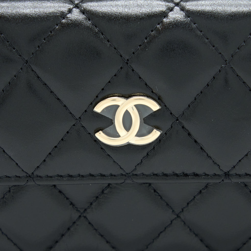 CHANEL MINI FLAP BAG WITH GIANT PEARL CHAIN LAMBSKIN BLACK LGHW