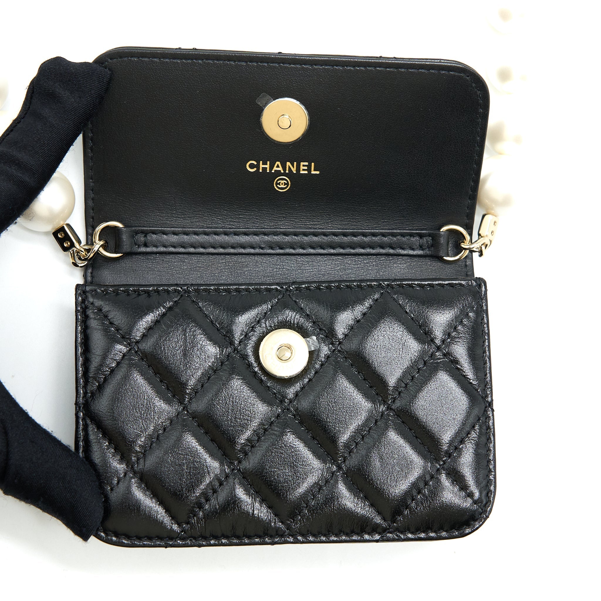 CHANEL MINI FLAP BAG WITH GIANT PEARL CHAIN LAMBSKIN BLACK LGHW