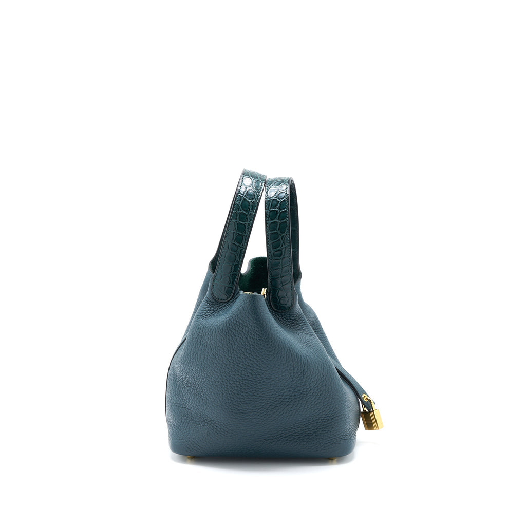 HERMES PICOTIN 18 TOUCH CLEMENCE ALLIGATOR MISSISSIPPIENSIS MAT VERT CYPRES GHW