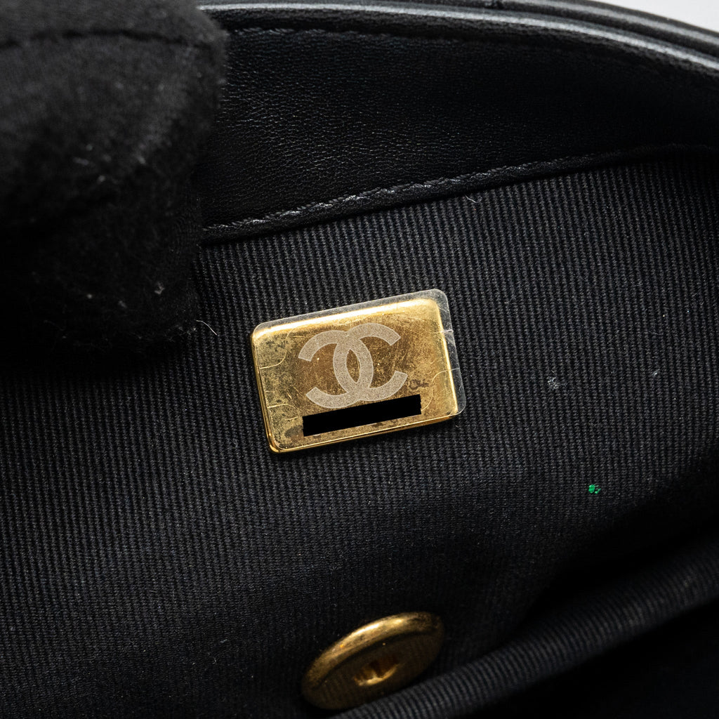 CHANEL 22K GOLD PILLAR ADJUSTABLE CHAIN FLAP BAG LAMBSKIN BLACK BRUSHED GHW (MICROCHIP)
