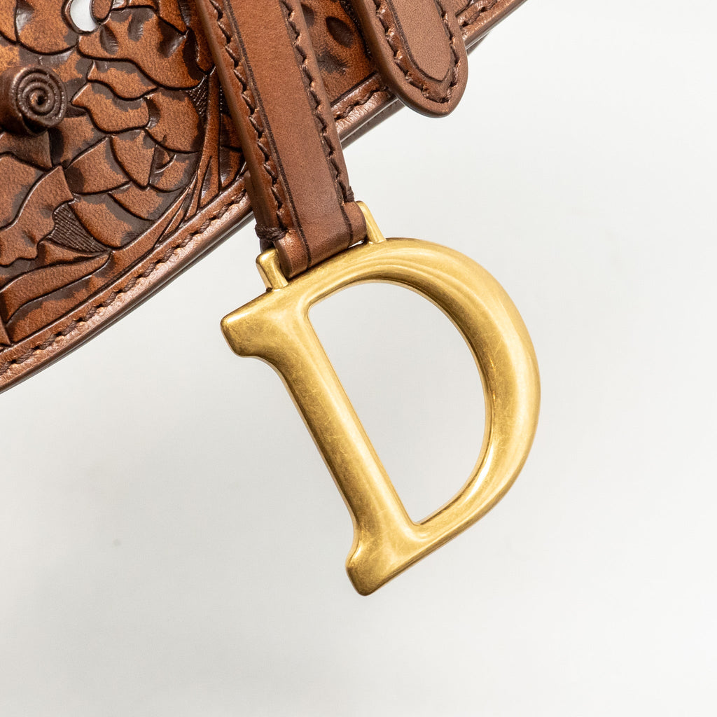 DIOR MEDIUM SADDLE BAG LASER-CUT FLORAL CALFSKIN BROWN GHW