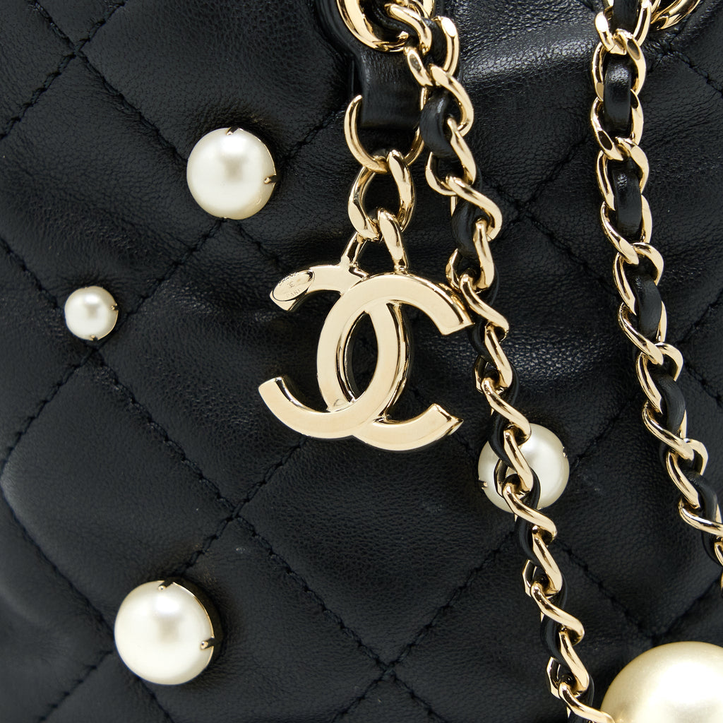 CHANEL MINI PEARLY BUCKET BAG WITH CHAIN LAMBSKIN BLACK LGHW