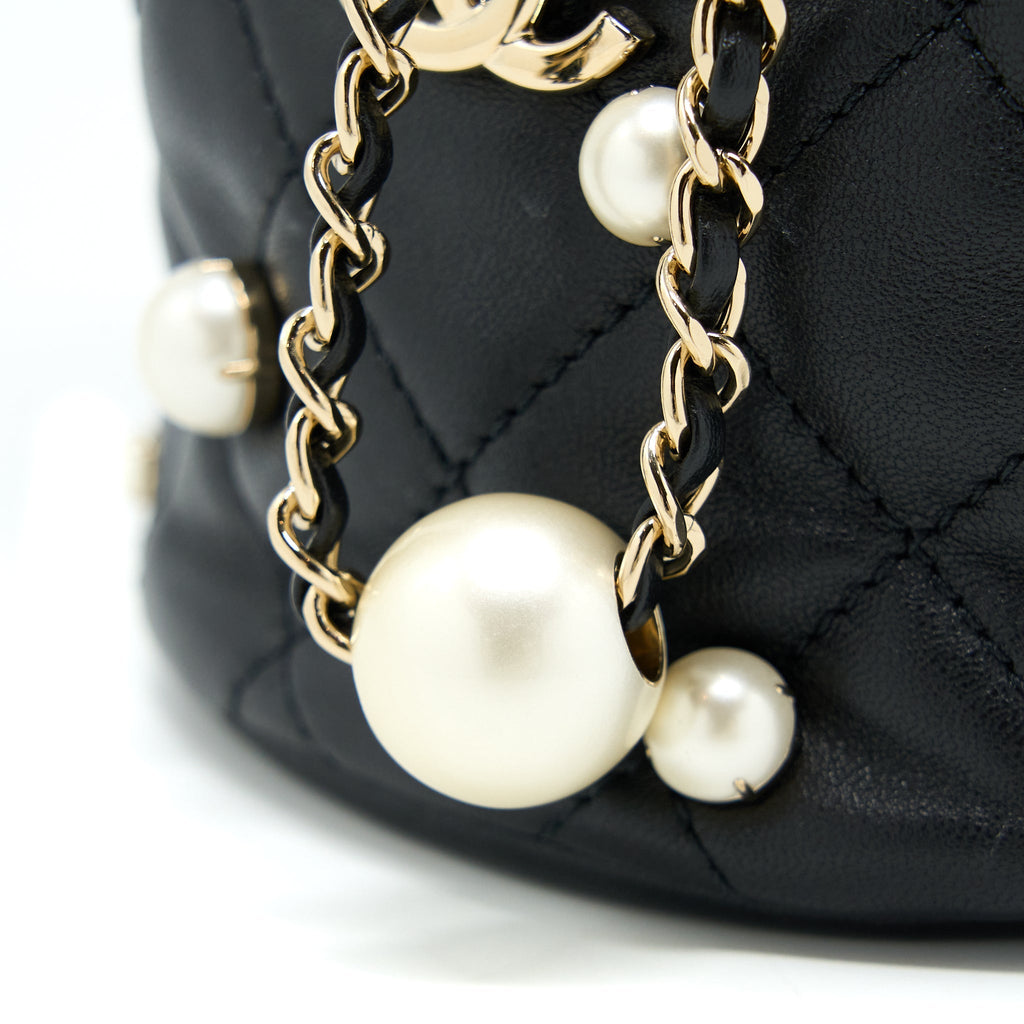 CHANEL MINI PEARLY BUCKET BAG WITH CHAIN LAMBSKIN BLACK LGHW