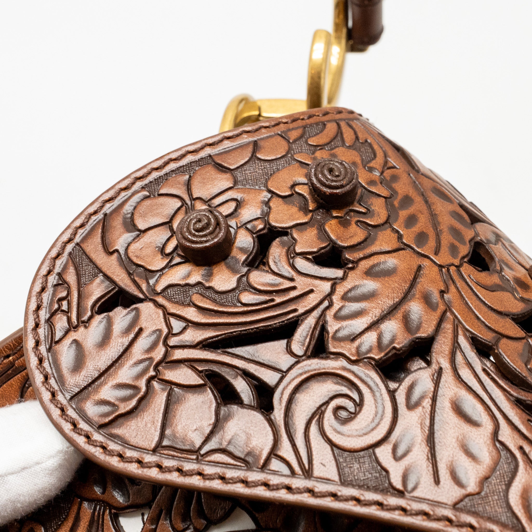 DIOR MEDIUM SADDLE BAG LASER-CUT FLORAL CALFSKIN BROWN GHW
