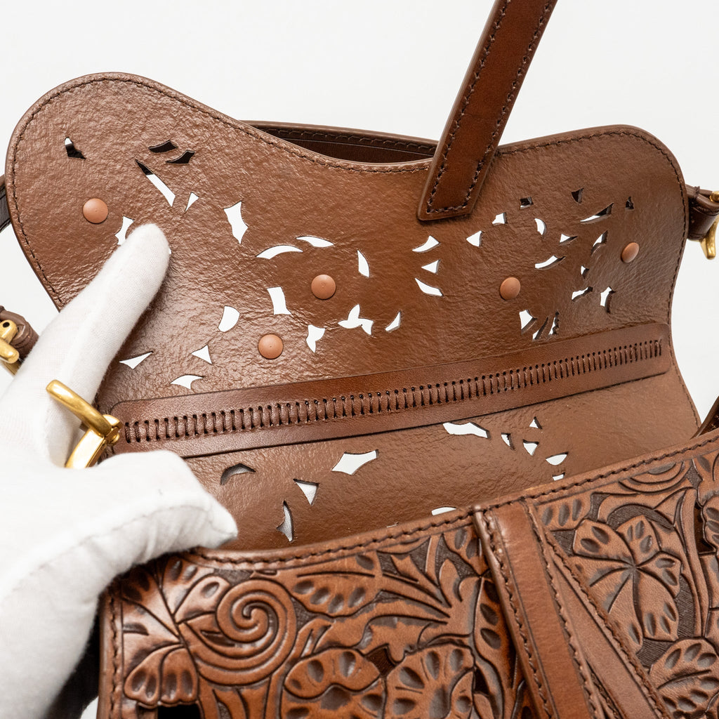 DIOR MEDIUM SADDLE BAG LASER-CUT FLORAL CALFSKIN BROWN GHW
