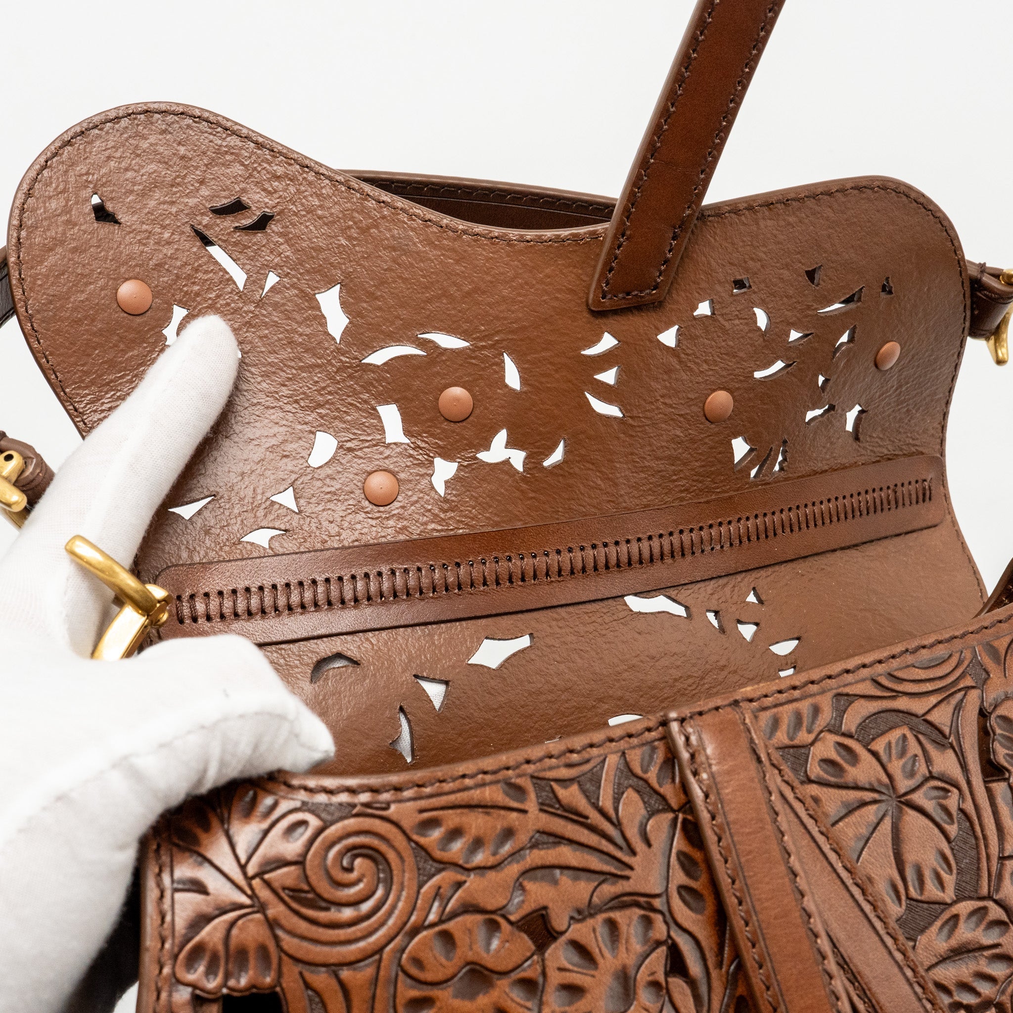 DIOR MEDIUM SADDLE BAG LASER-CUT FLORAL CALFSKIN BROWN GHW