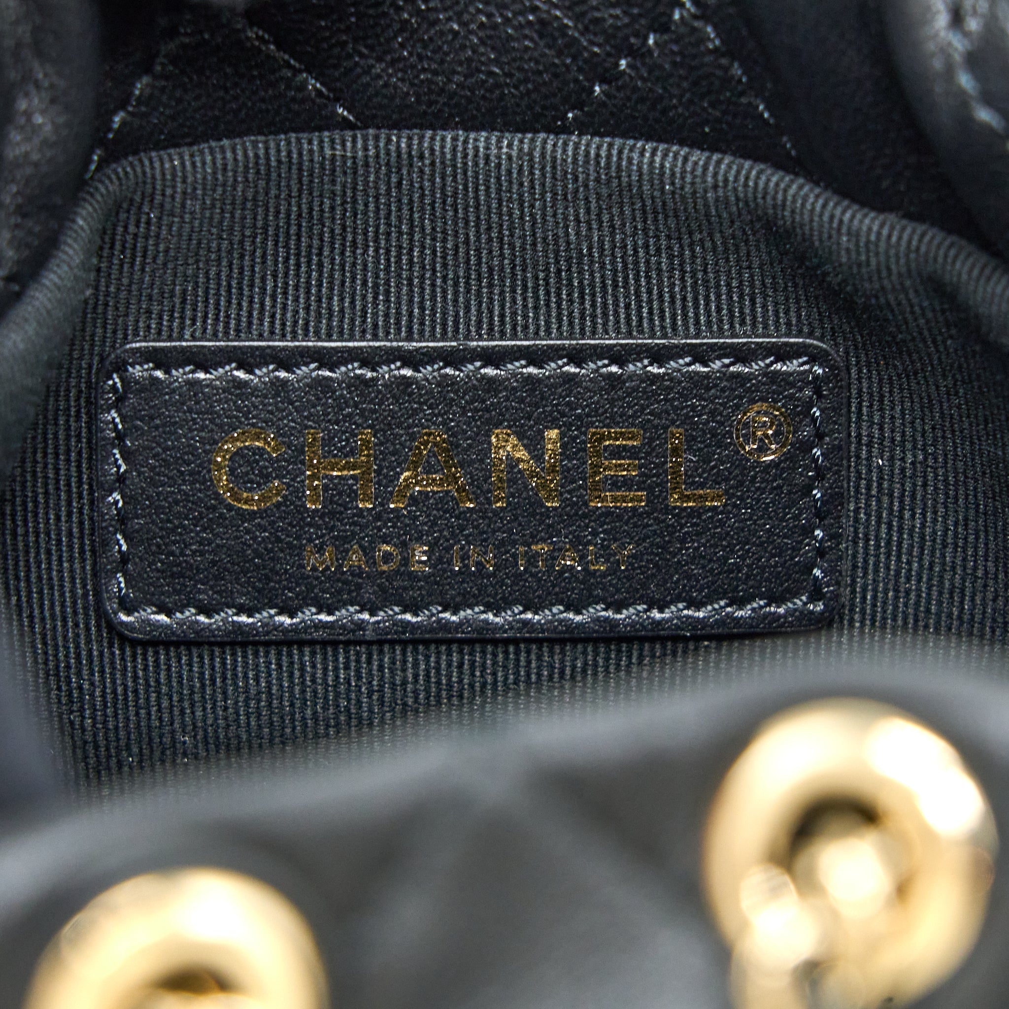 CHANEL MINI PEARLY BUCKET BAG WITH CHAIN LAMBSKIN BLACK LGHW