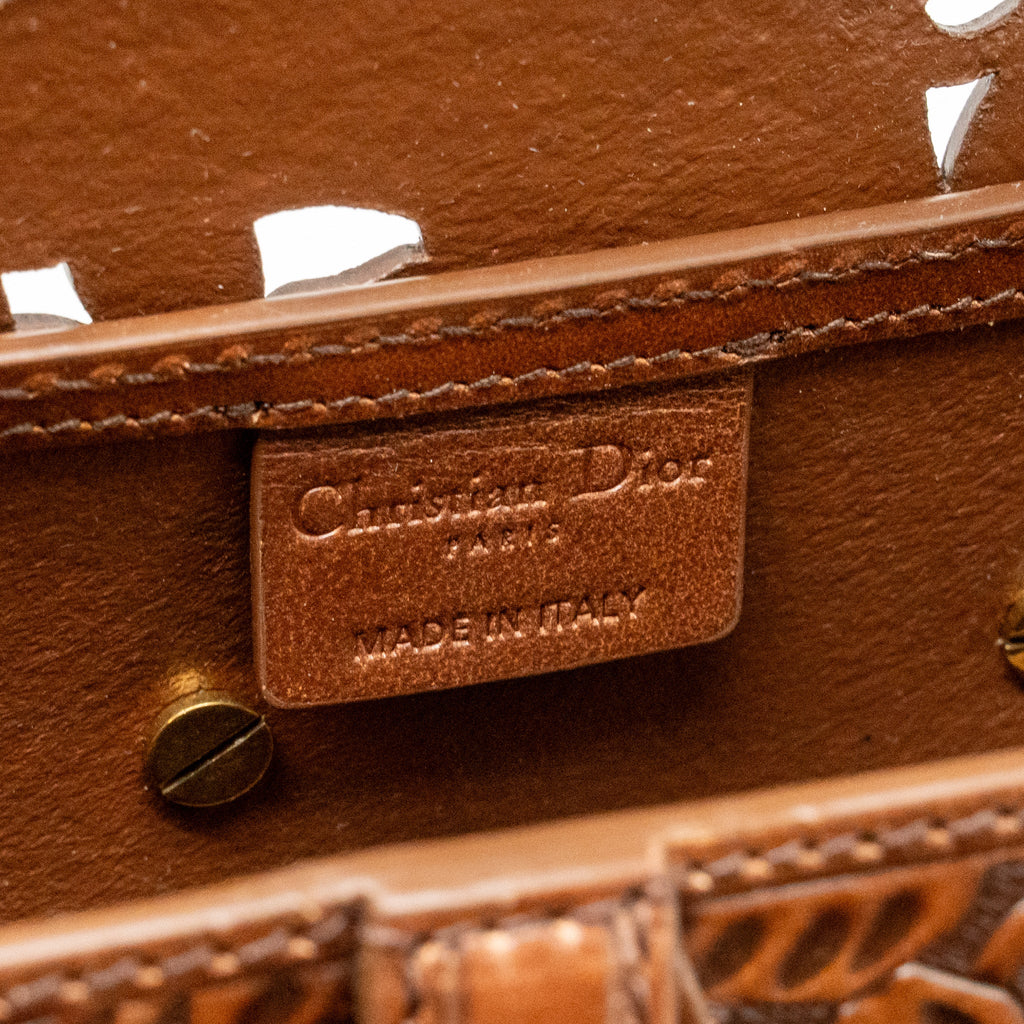 DIOR MEDIUM SADDLE BAG LASER-CUT FLORAL CALFSKIN BROWN GHW