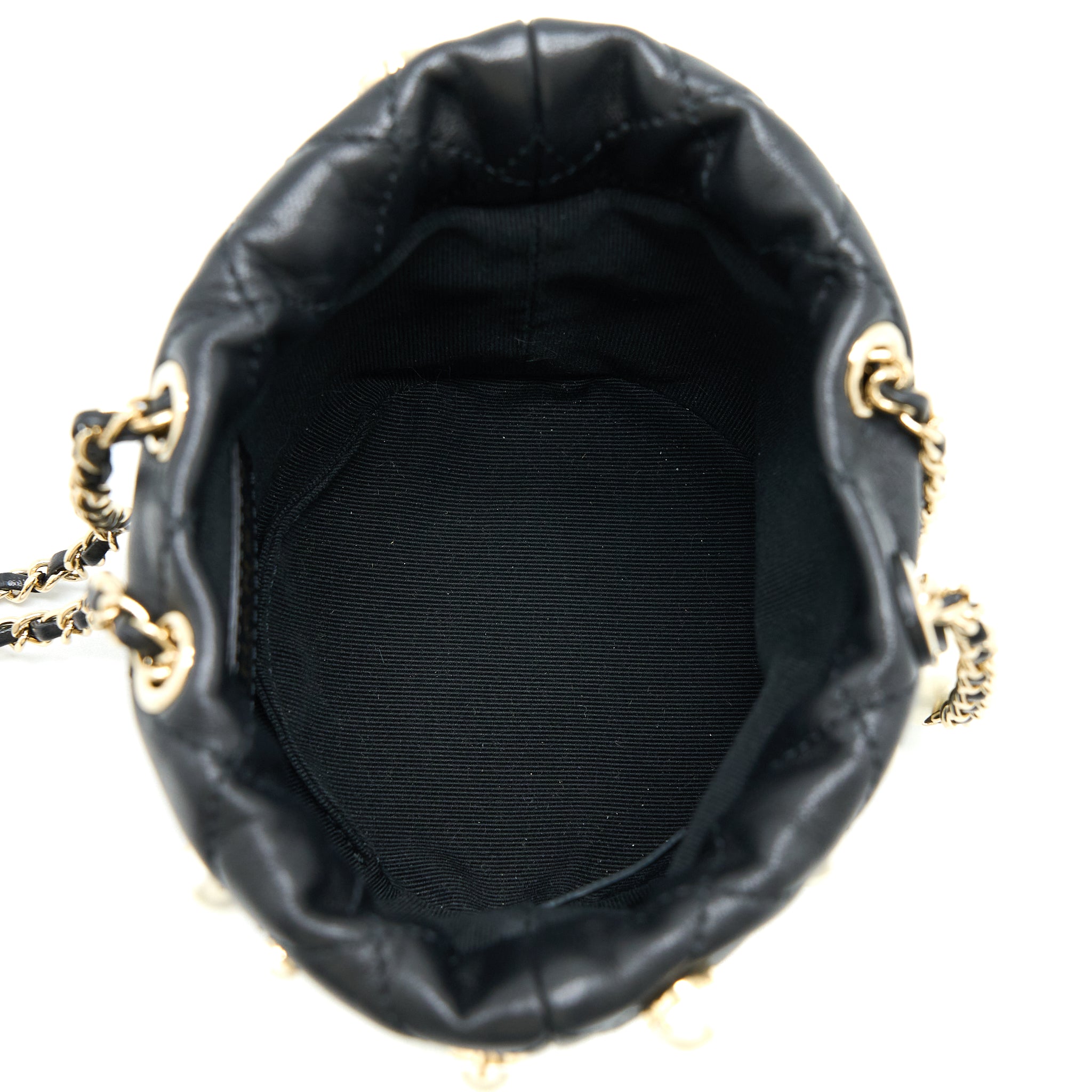CHANEL MINI PEARLY BUCKET BAG WITH CHAIN LAMBSKIN BLACK LGHW