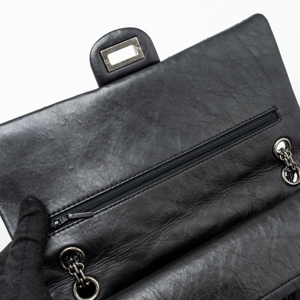 CHANEL LARGE 2.55 226 REISSUE DOUBLE FLAP BAG AGED CALFSKIN BLACK RUTHENIUM HARDWARE