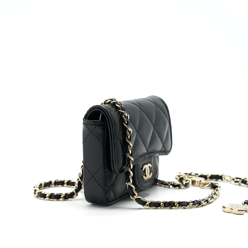 CHANEL FLAP CARD HOLDER BELT BAG WITH CHAIN LAMBSKIN BLACK LGHW