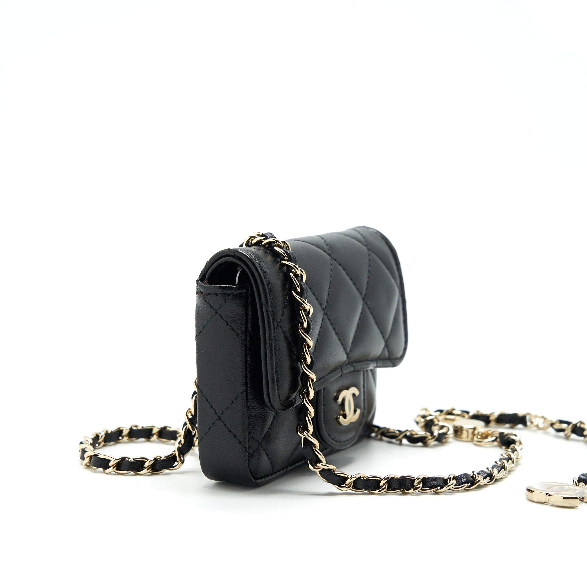 CHANEL FLAP CARD HOLDER BELT BAG WITH CHAIN LAMBSKIN BLACK LGHW