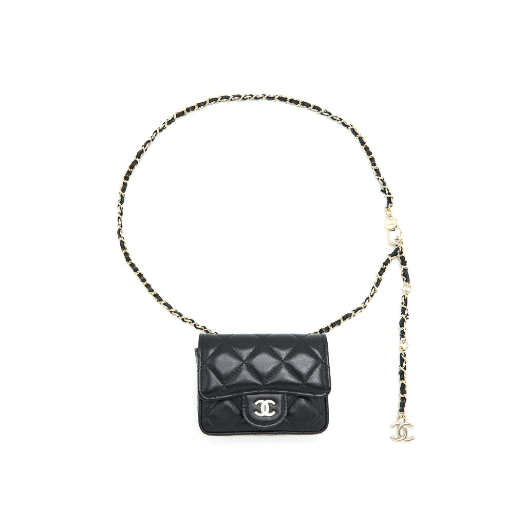 CHANEL FLAP CARD HOLDER BELT BAG WITH CHAIN LAMBSKIN BLACK LGHW