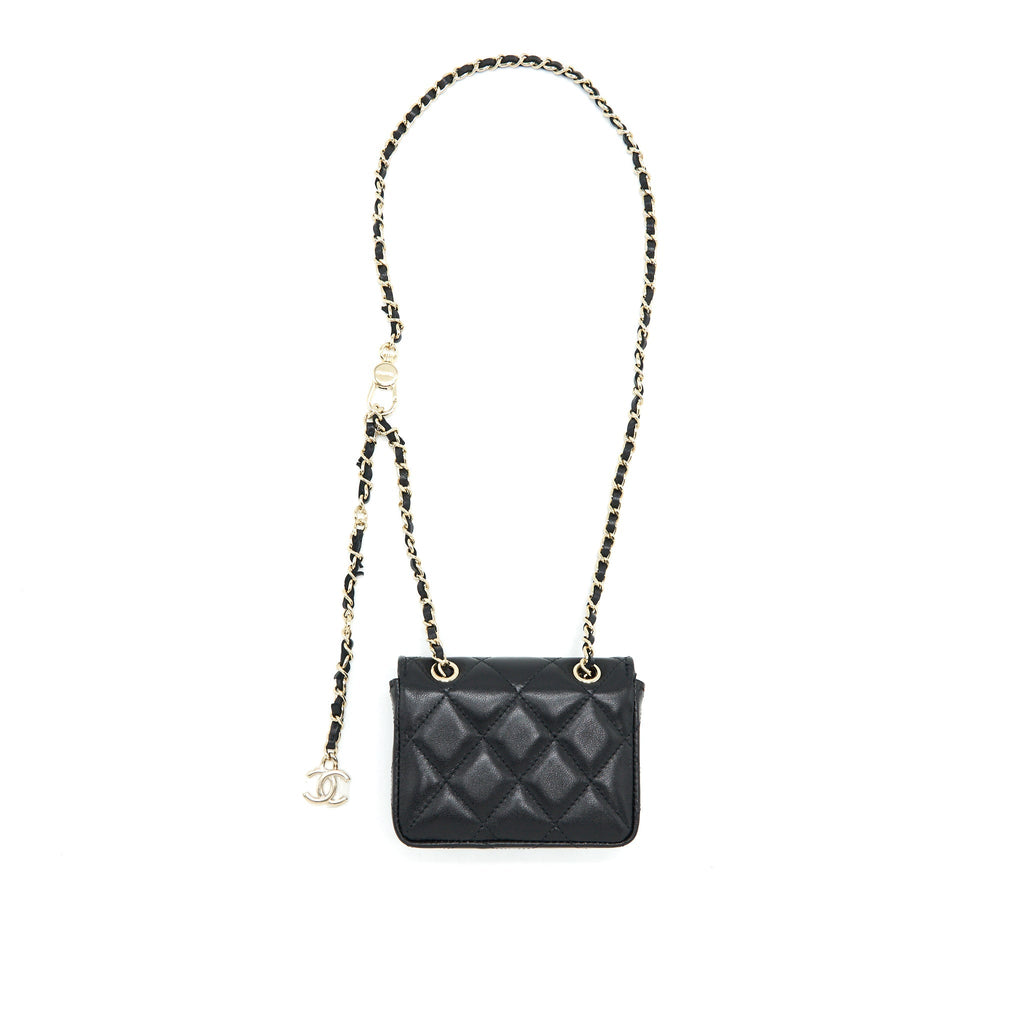 CHANEL FLAP CARD HOLDER BELT BAG WITH CHAIN LAMBSKIN BLACK LGHW