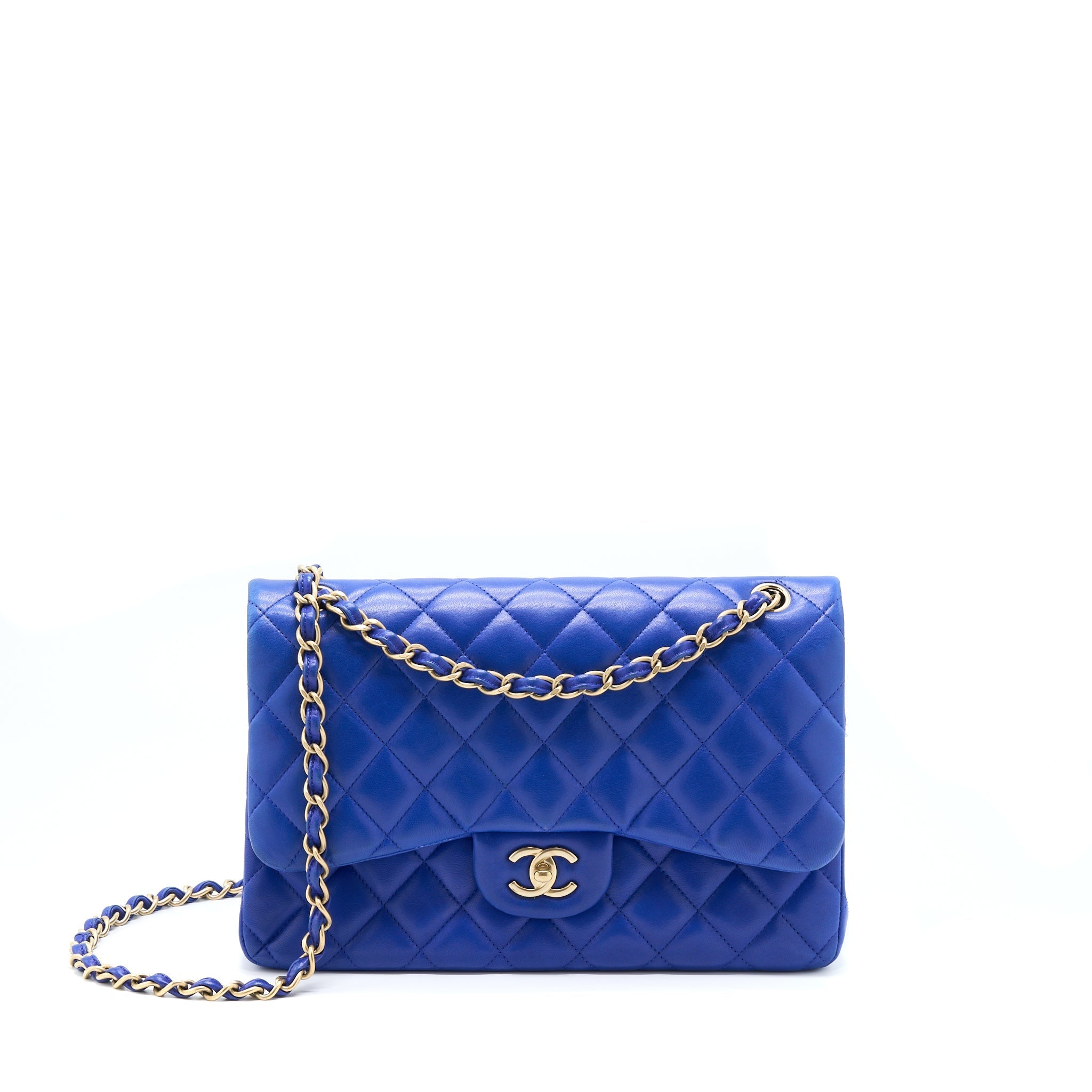 CHANEL JUMBO CLASSIC DOUBLE FLAP BAG LAMBSKIN BLUE BRUSHED GHW
