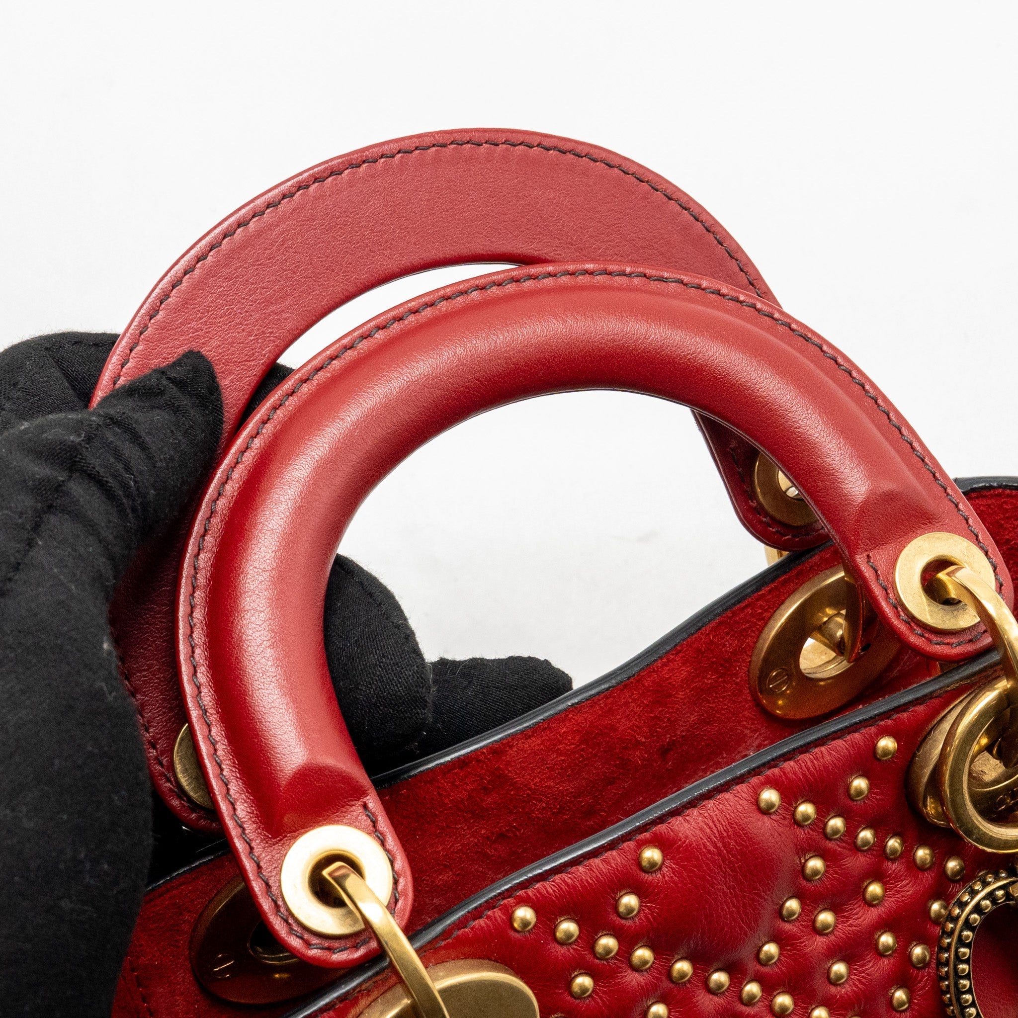 DIOR LOVE CHARM MINI LADY DIOR STUDDED LAMBSKIN RED GHW