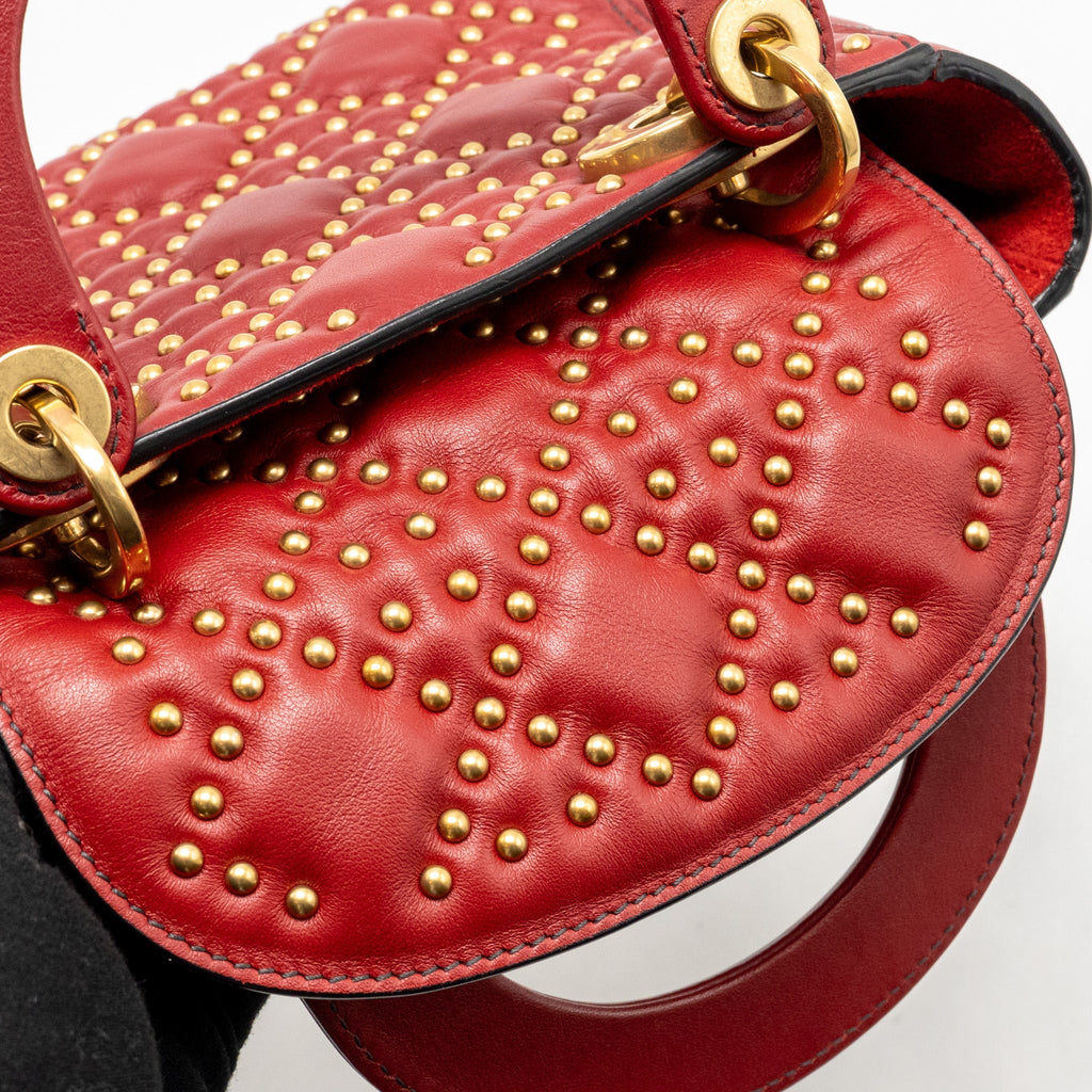 DIOR LOVE CHARM MINI LADY DIOR STUDDED LAMBSKIN RED GHW