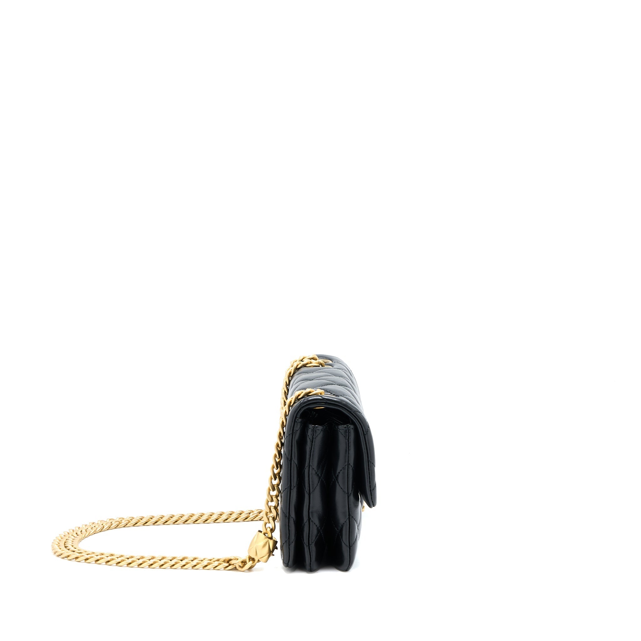 CHANEL 22K GOLD PILLAR ADJUSTMENT CHAIN FLAP BAG LAMBSKIN BLACK GHW (MICROCHIP)