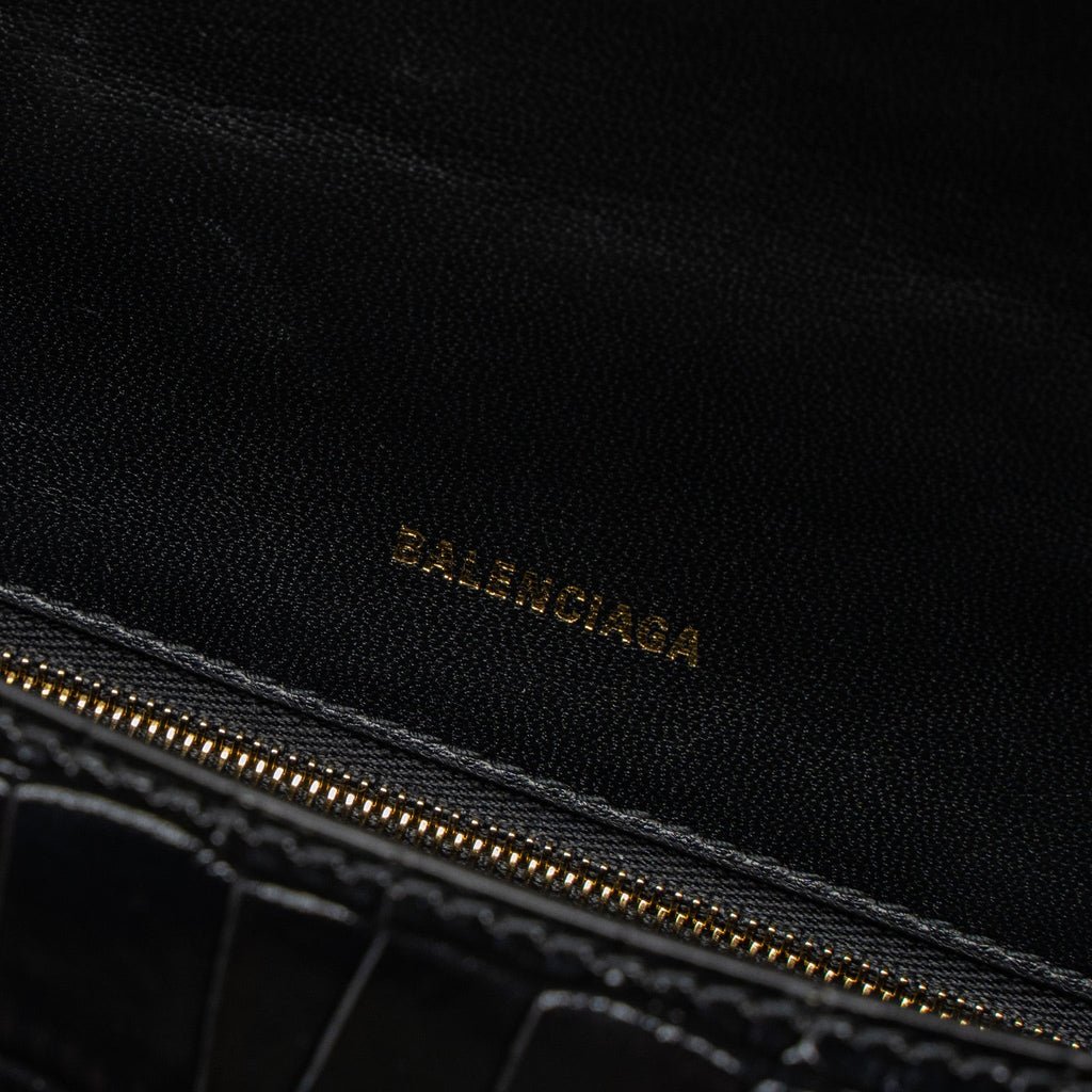 BALENCIAGA SMALL HOURGLASS BAG CROC-EMBOSSED CALFSKIN BLACK GHW