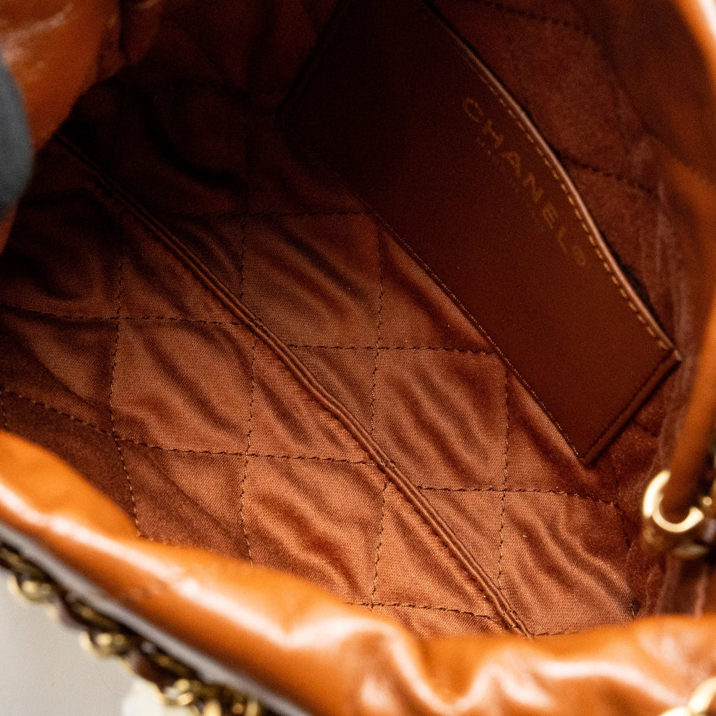CHANEL MINI 22 BAG SHINY CALFSKIN CARAMEL GHW (MICROCHIP)