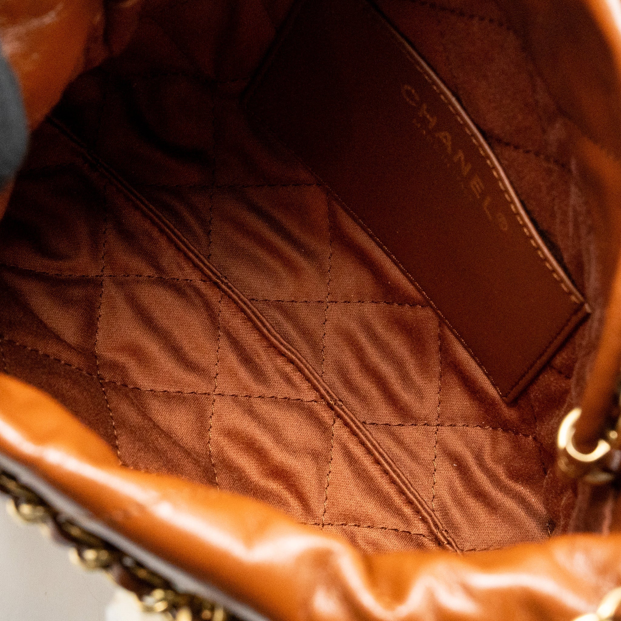 CHANEL MINI 22 BAG SHINY CALFSKIN CARAMEL GHW (MICROCHIP)
