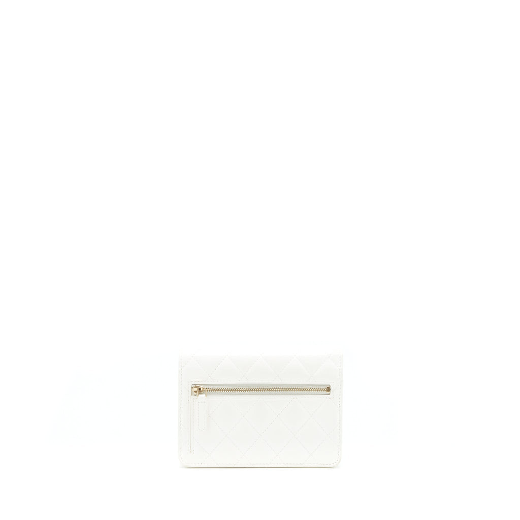 CHANEL SMALL WALLET ON CHAIN WITH RIBBON CHAIN LAMBSKIN WHITE GHW