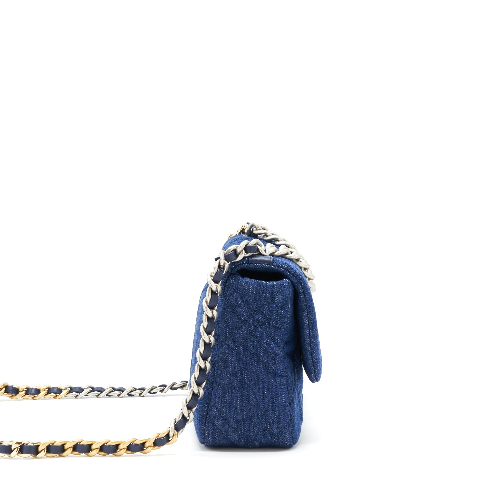 CHANEL 22P SMALL 19 BAG DENIM BLUE WITH GOLD AND SILVER HARDWARE